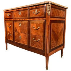 Late 18th Century French Tulipwood Commode with Ebony Inlays and Marble Top