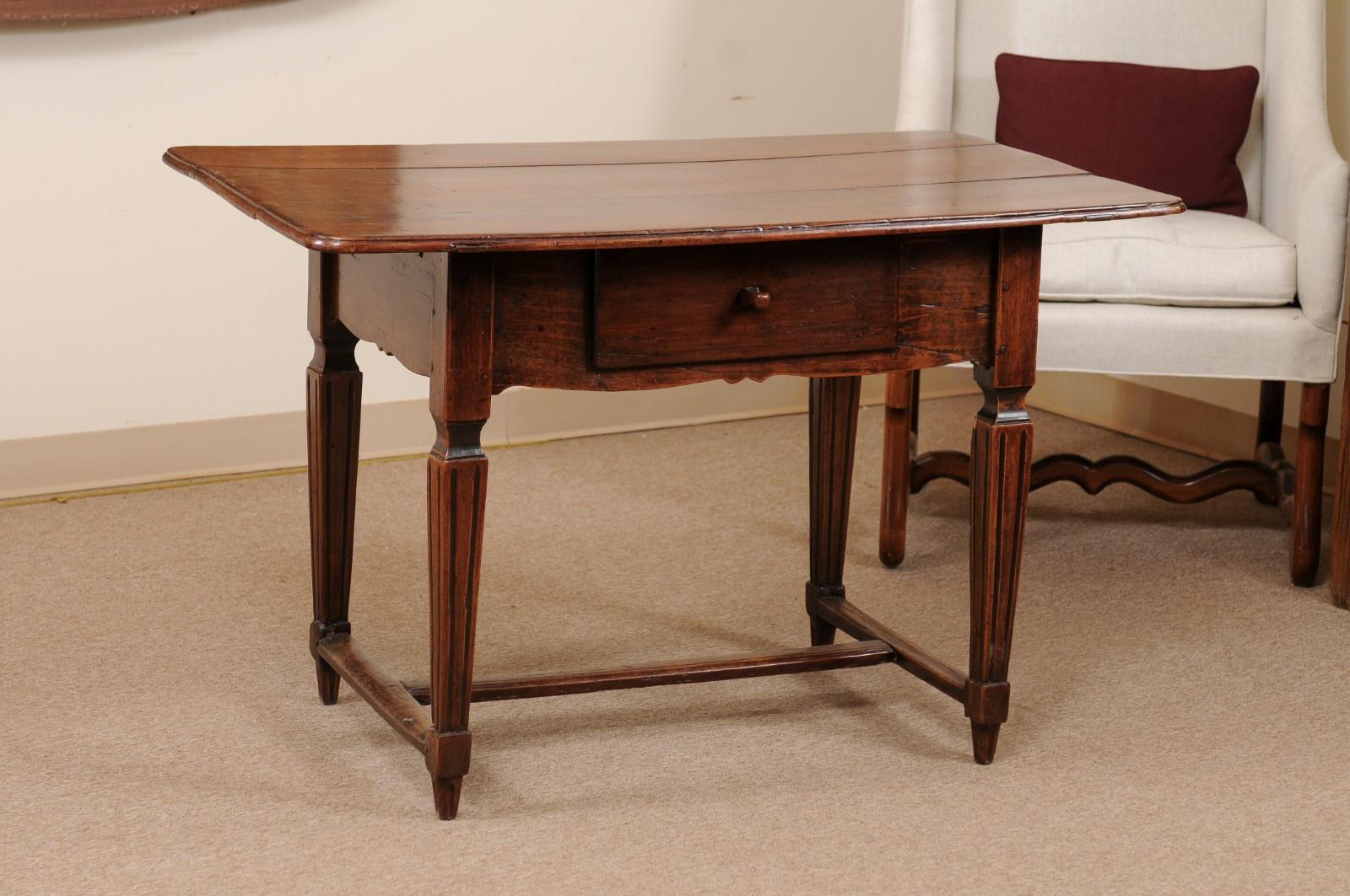 Late 18th Century French Walnut Writing Table/Work Table with Fluted Legs, Drawer, & Stretcher. Finished on All Sides.