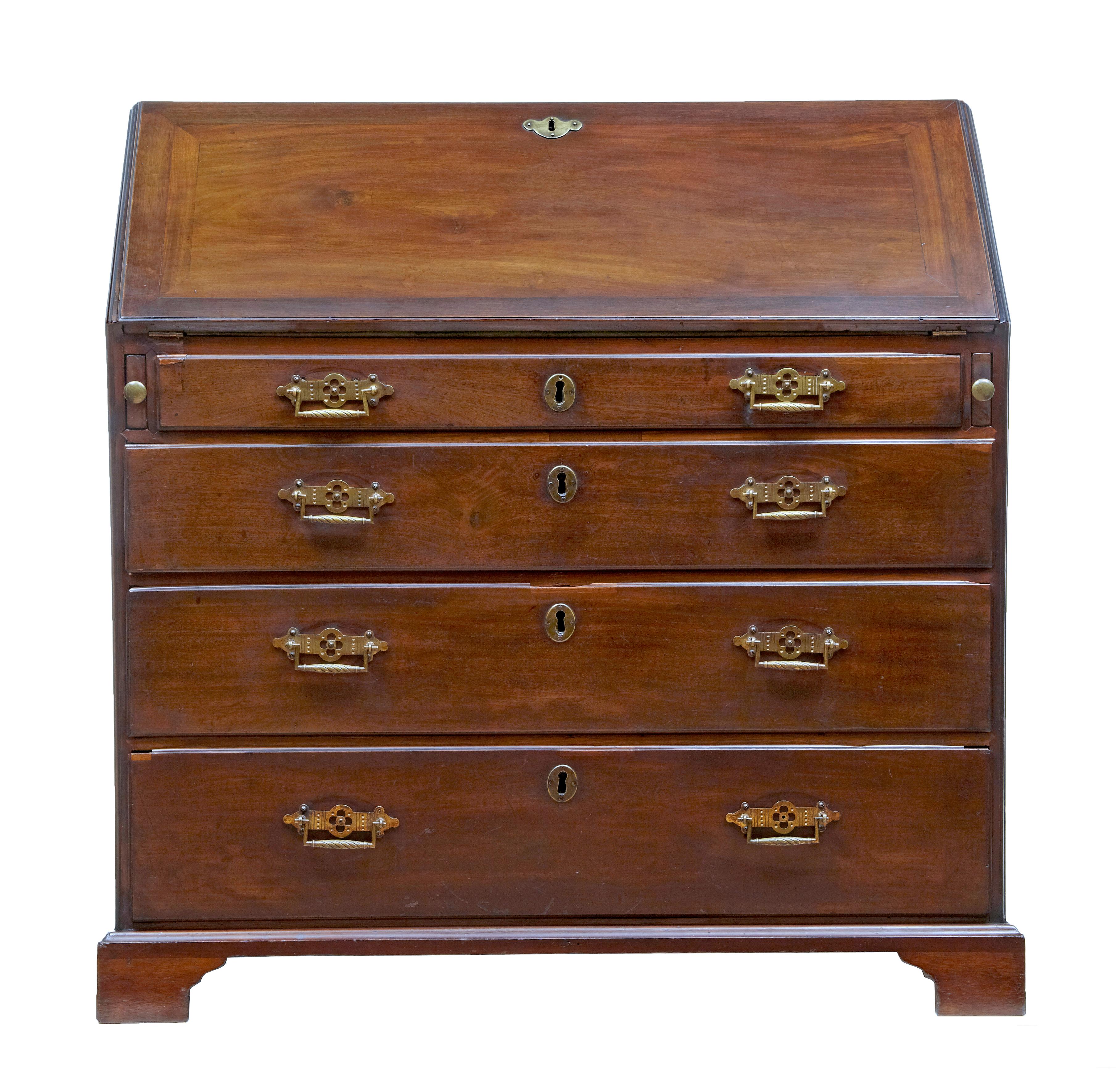Late 18th century George III mahogany bureau desk, circa 1790.

Fine mahogany bureau from the late Georgian period. Crossbanded fall drops down onto supports to form the writing surface. Interior is fully fitted with pigeon holes and drawers