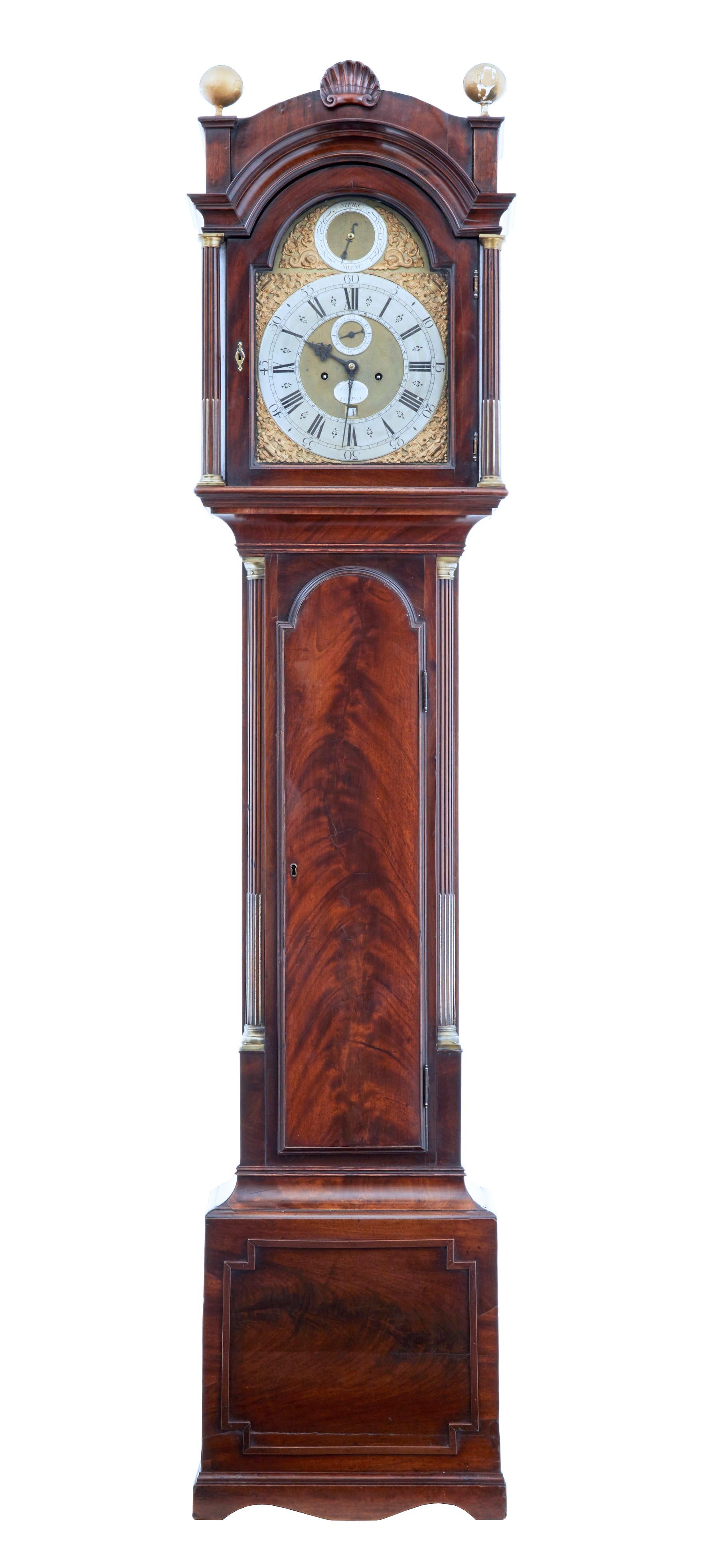 Georgian long case clock in mahogany, circa 1790. Movement made and signed by the well known movement maker John Purden of London. Movement with roman and Arabic numerals. Movement has been professionally service. Hood with glazed door for winding.