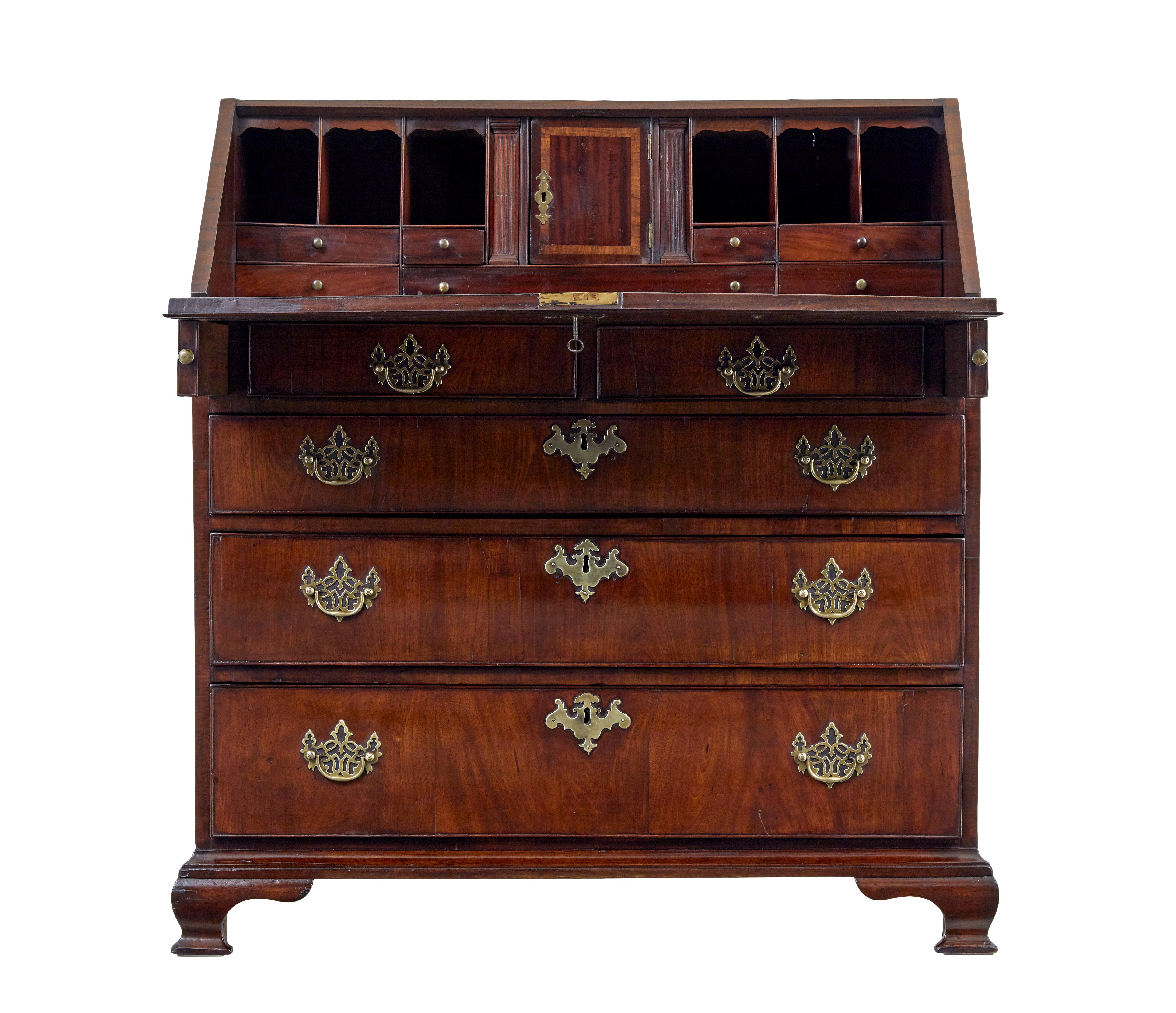 Late 18th century Georgian walnut bureau circa 1790.

Fine quality George III period walnut bureau, fitted with a fall and 2 over 3 drawers.

Fall drops down onto pull out slides to provide the writing surface, with an inset leather panel with gold