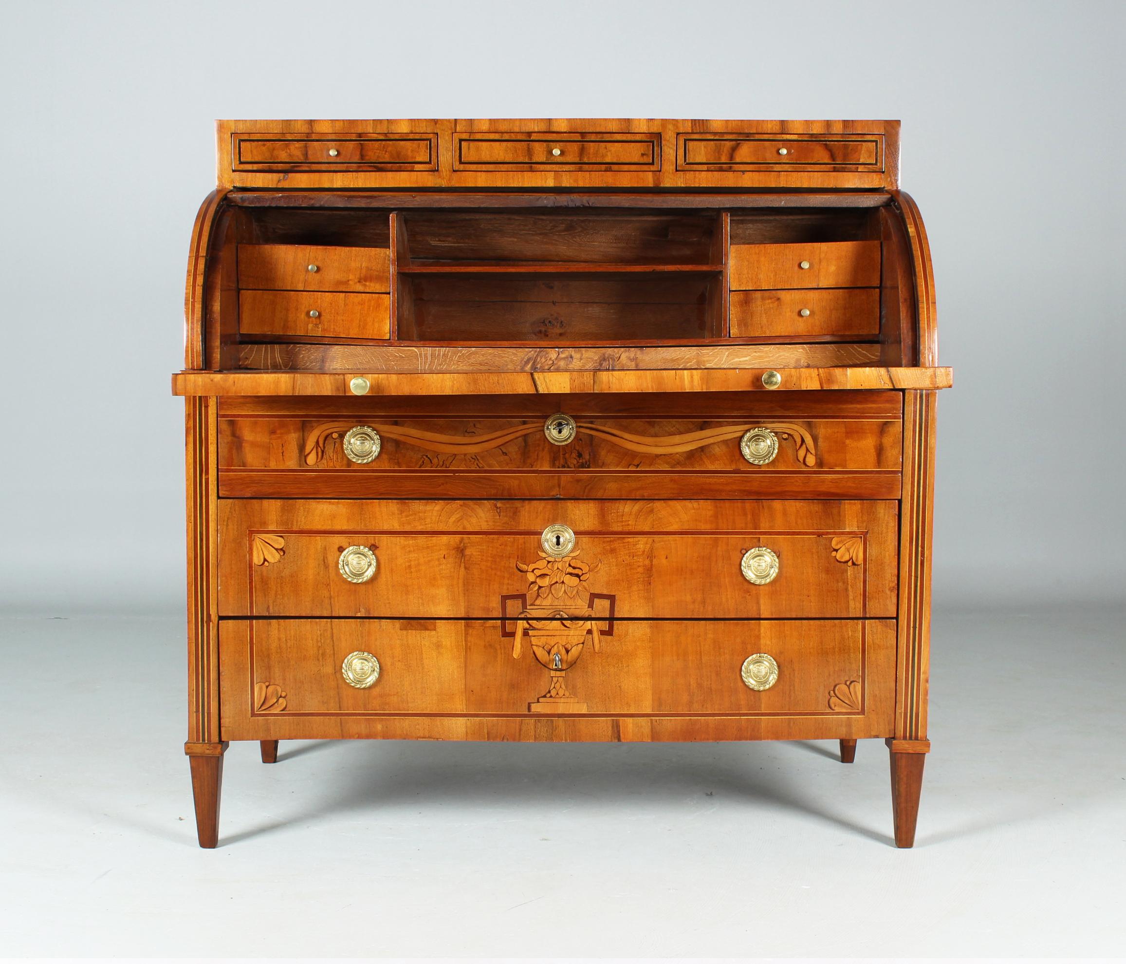 Maple Late 18th Century German Louis XVI Secretary, Walnut, Marquetry, Cylinder Desk For Sale