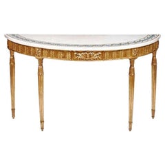 Table console dorée de la fin du XVIIIe siècle avec plateau en marbre incrusté