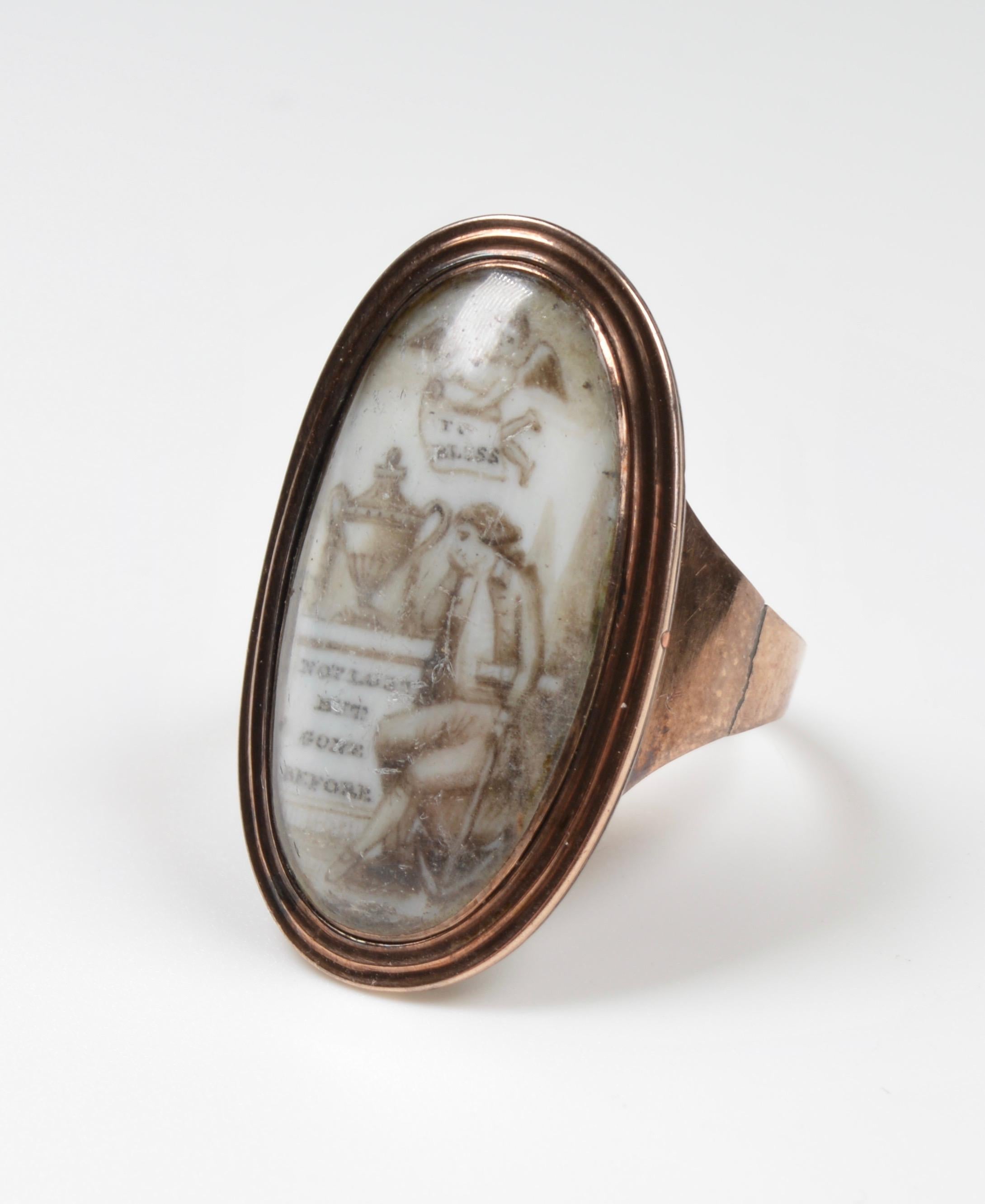 Late Georgian enamel gold and enamel mourning ring
In the late 18th century mourning rings featuring neoclassical sepia miniatures like this became extremely popular. These tiny paintings were done by hand and could be commissioned, or purchased