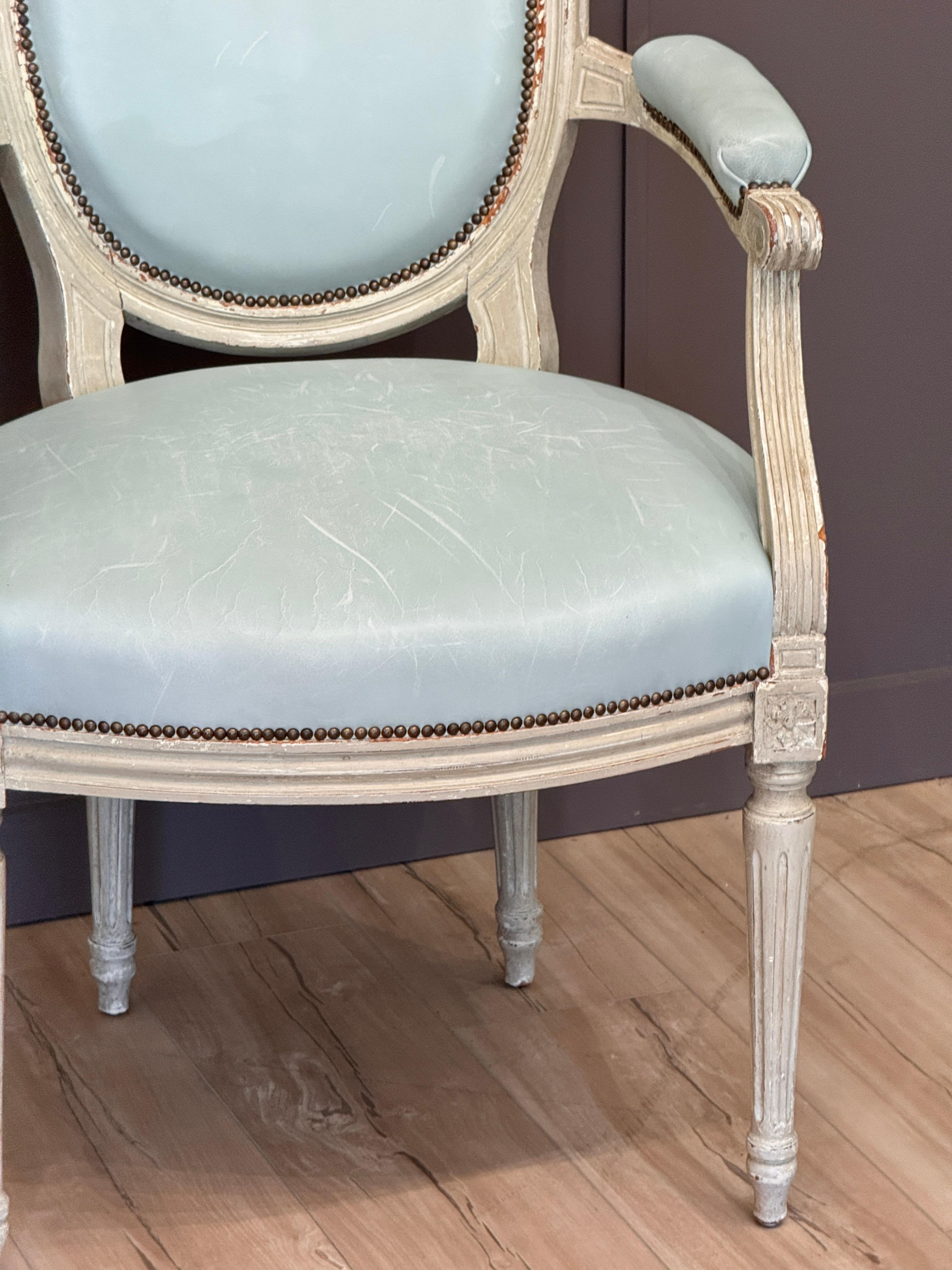 Leather Late 18th Century Gustav III White-Painted and Upholstered Chair For Sale