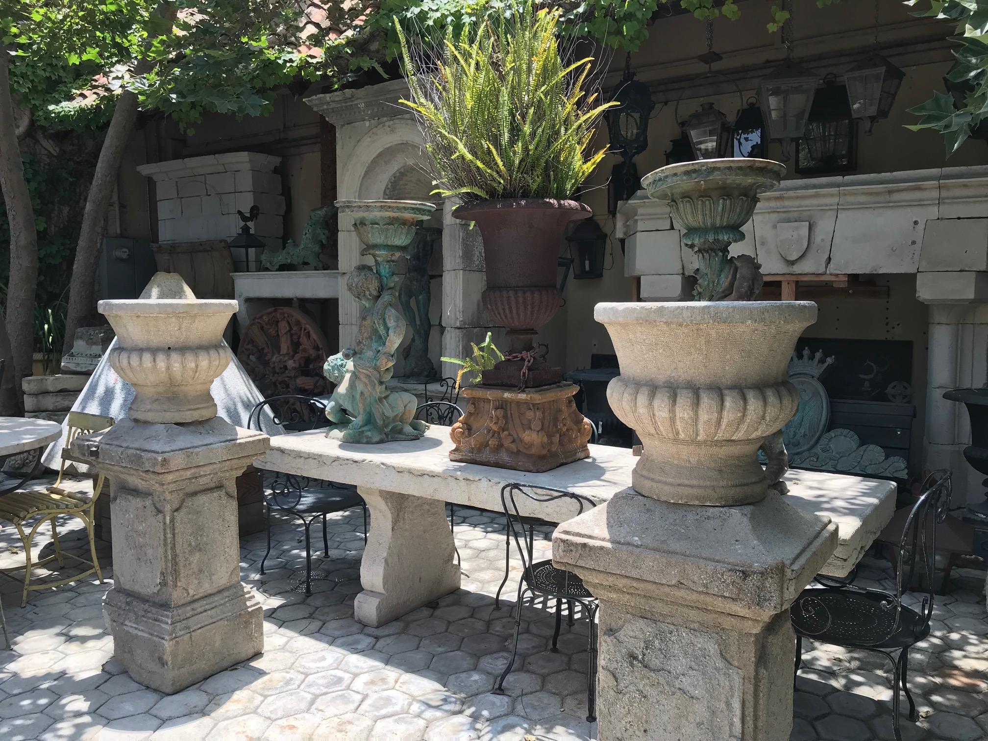 Beautiful late 18th century pair of carved limestone Vasque jardinières urn (urns). Hand carved stone planters having a nicely textured surface. they could be standing alone as decorative objects or could be used as a planters These hand carved