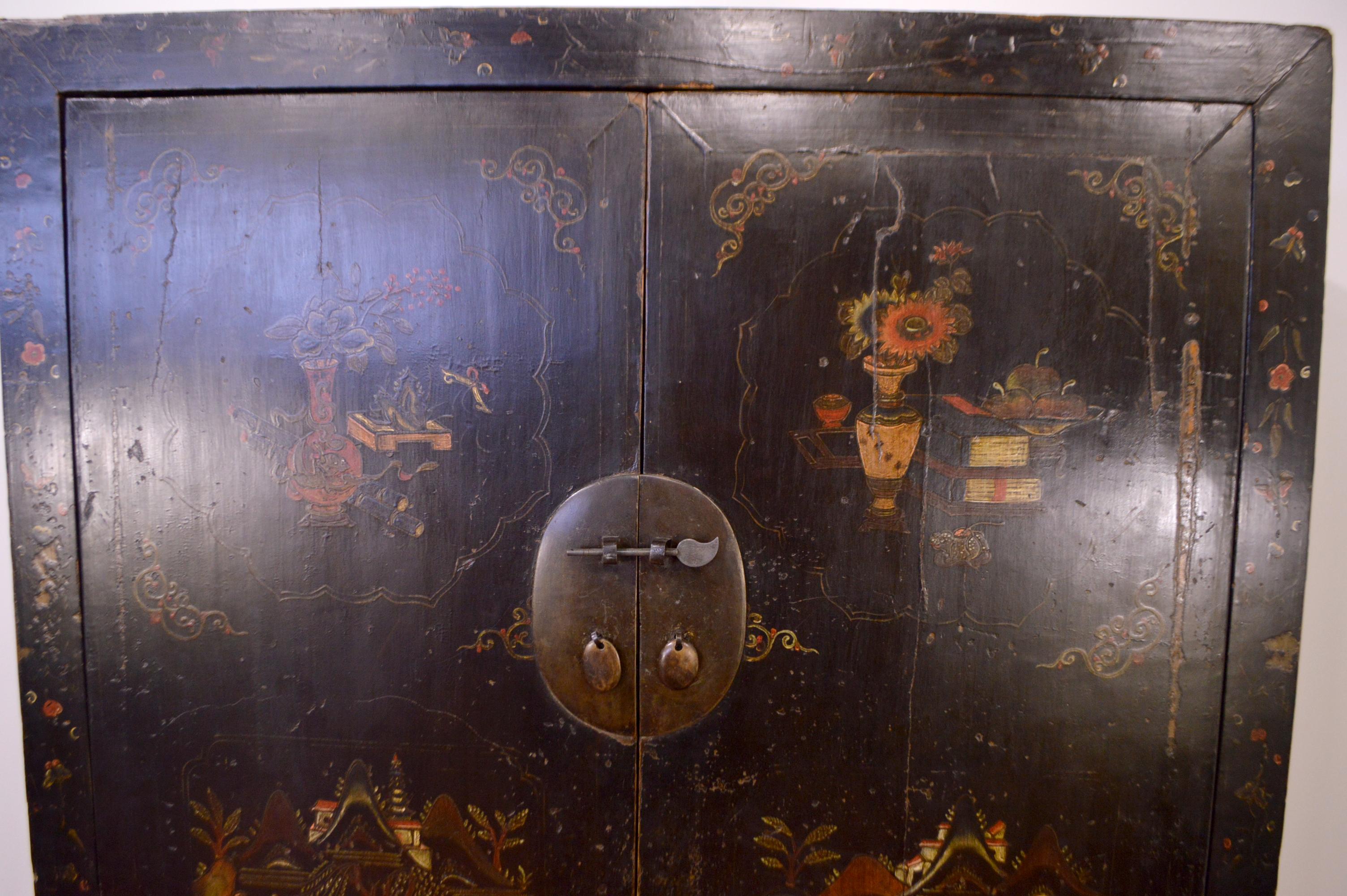 Late 18th Century Hand-Painted Cabinet Elm Wood For Sale 5