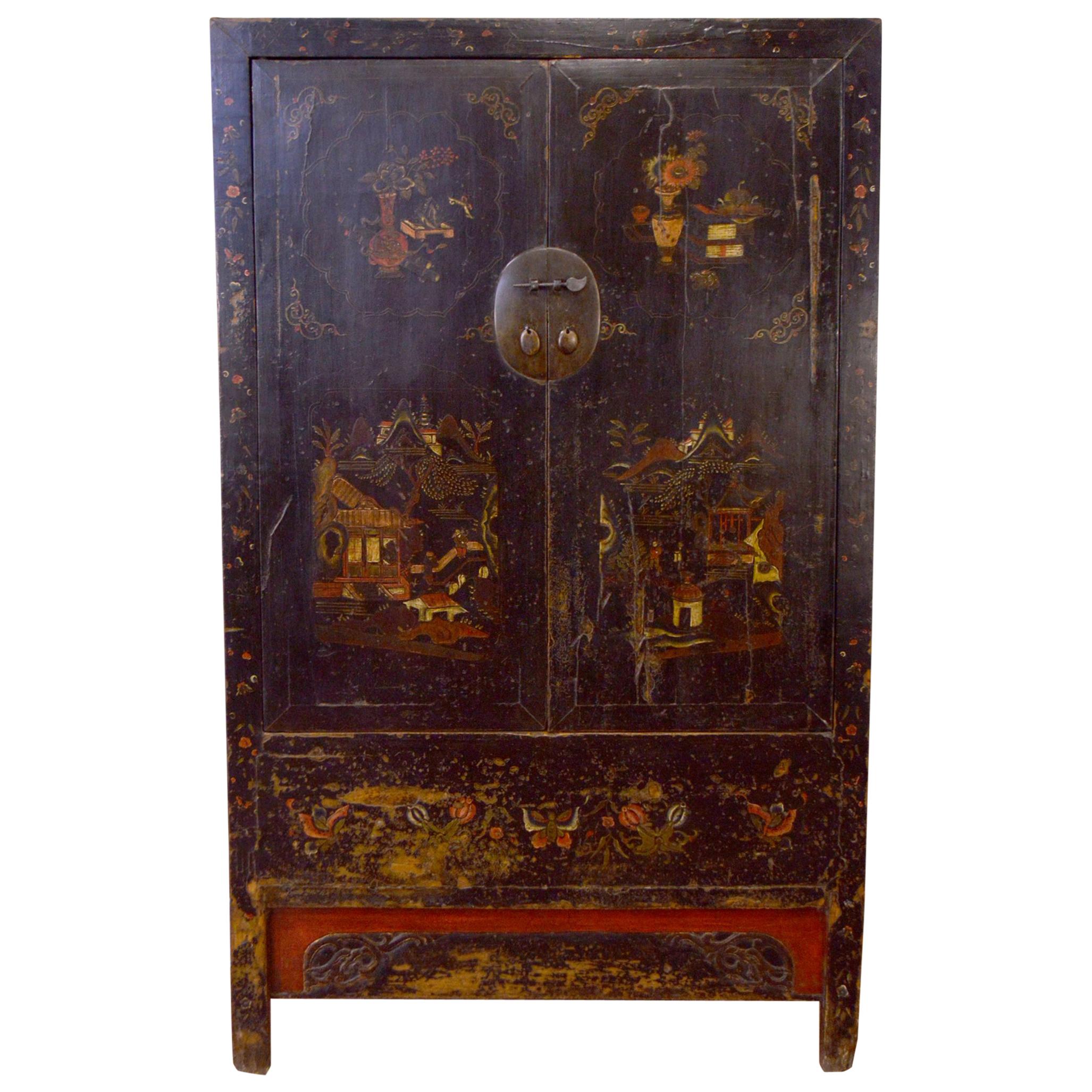 Late 18th Century Hand-Painted Cabinet Elm Wood For Sale