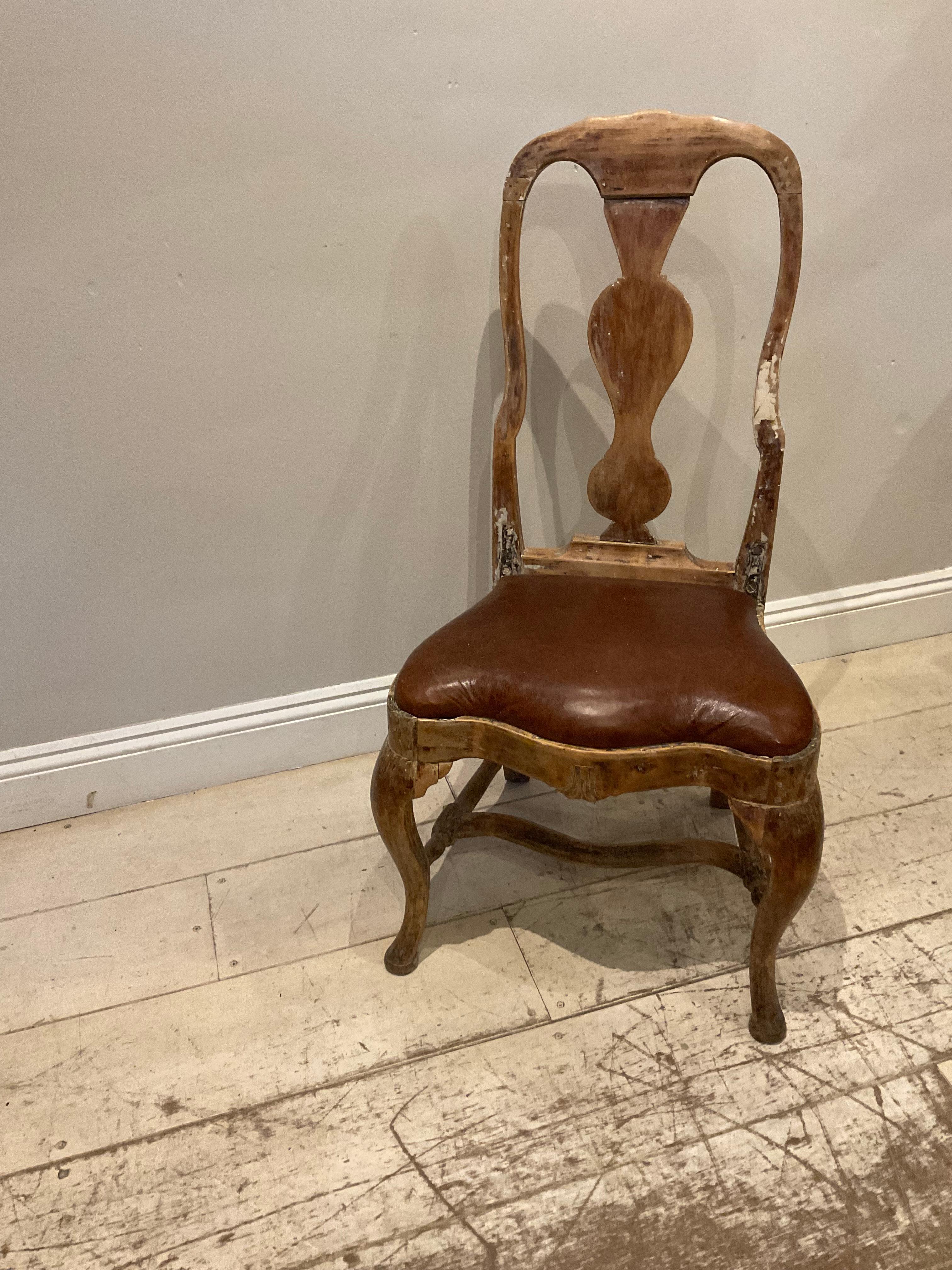 Late 18th Century High Backed Swedish Chair with Leather Seat In Distressed Condition For Sale In London, GB