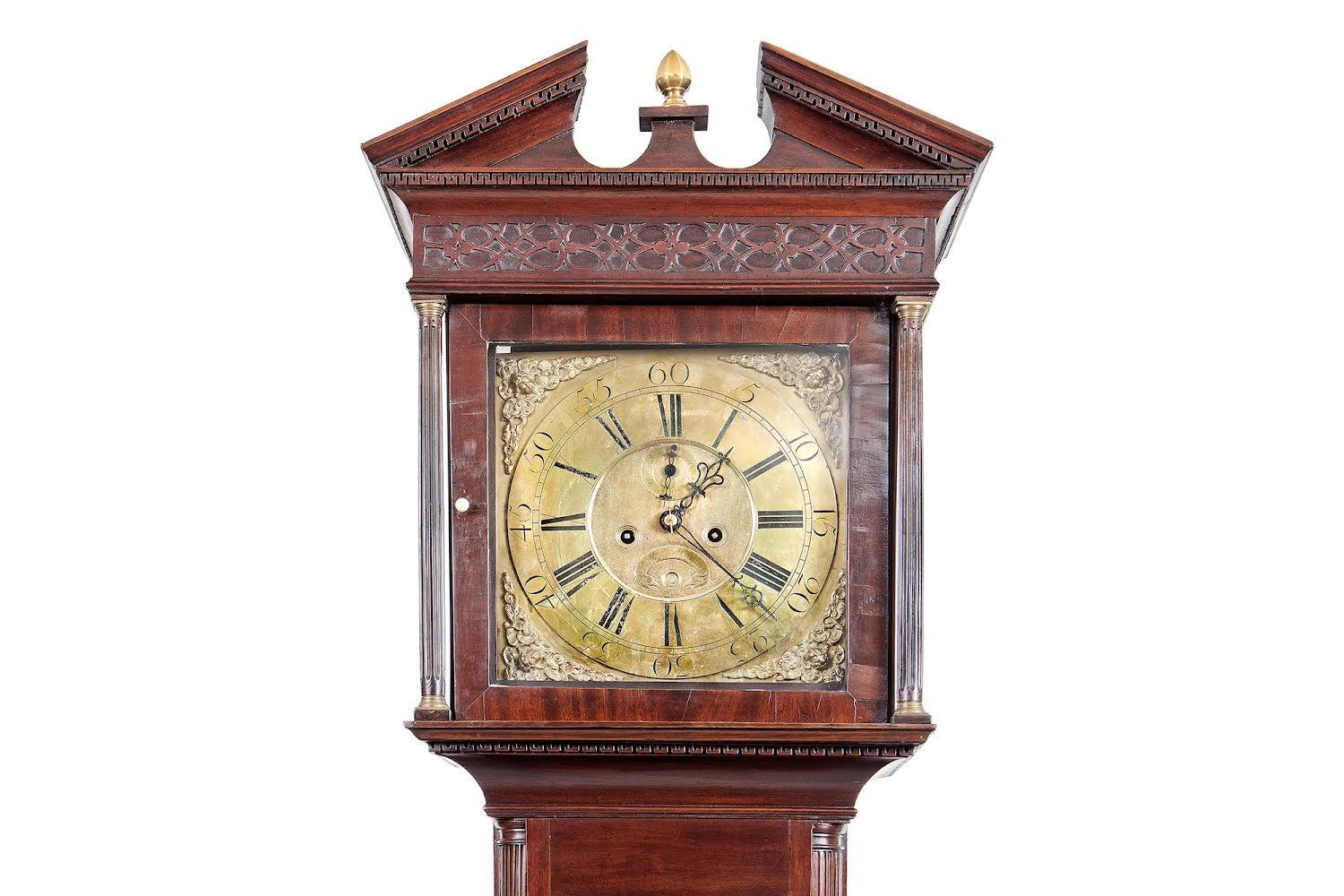 Georgian Late 18th Century Irish George III Mahogany and Brass Longcase Clock