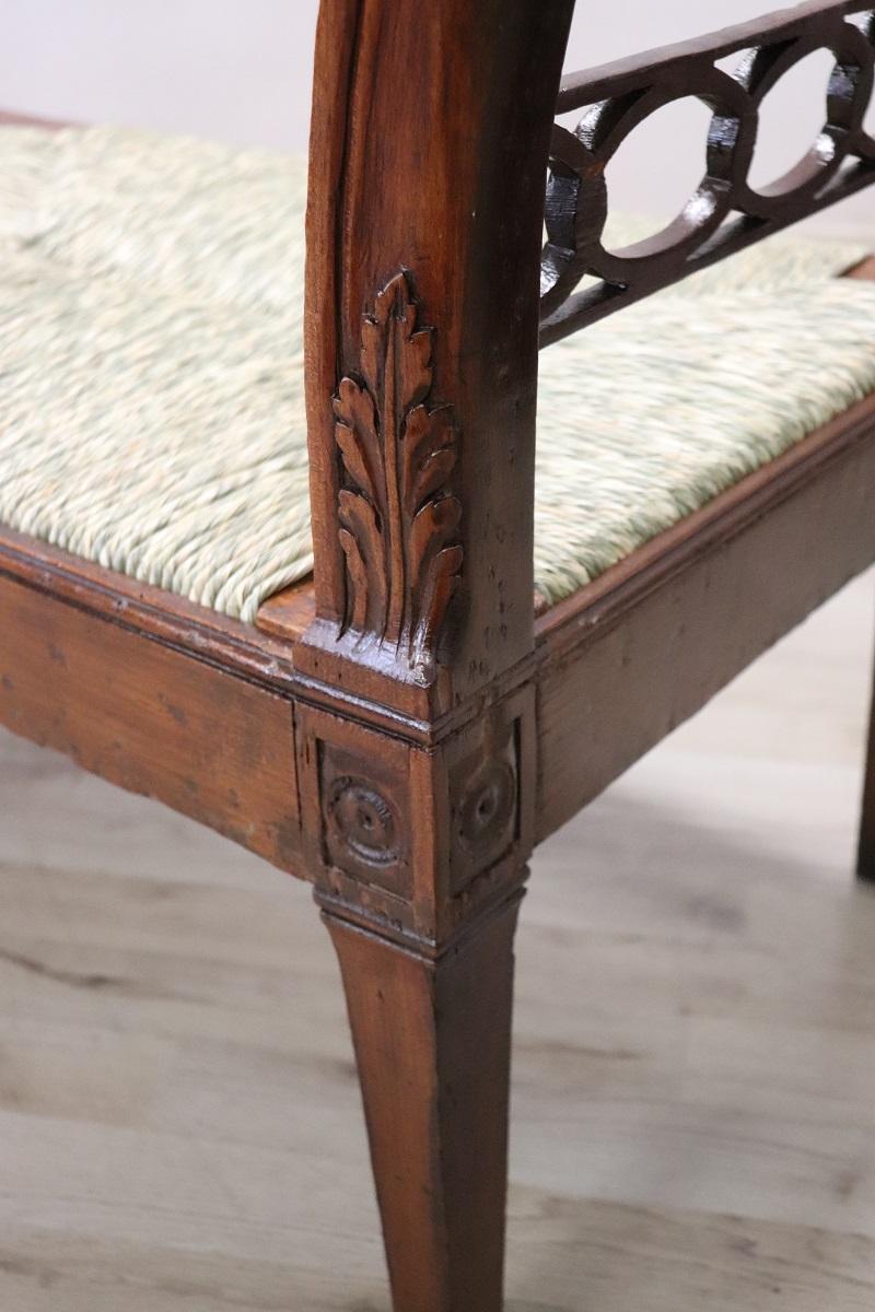 Late 18th Century Italian Antique Louis XVI Bench in Walnut and Straw Seat For Sale 12