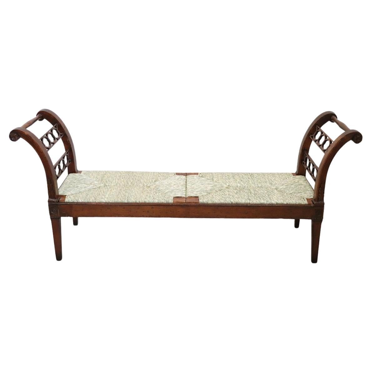 Late 18th Century Italian Antique Louis XVI Bench in Walnut and Straw Seat