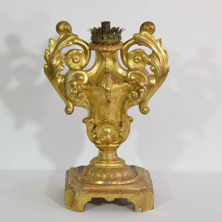 Hand-Carved Late 18th Century Italian Carved Giltwood Baroque Candleholder