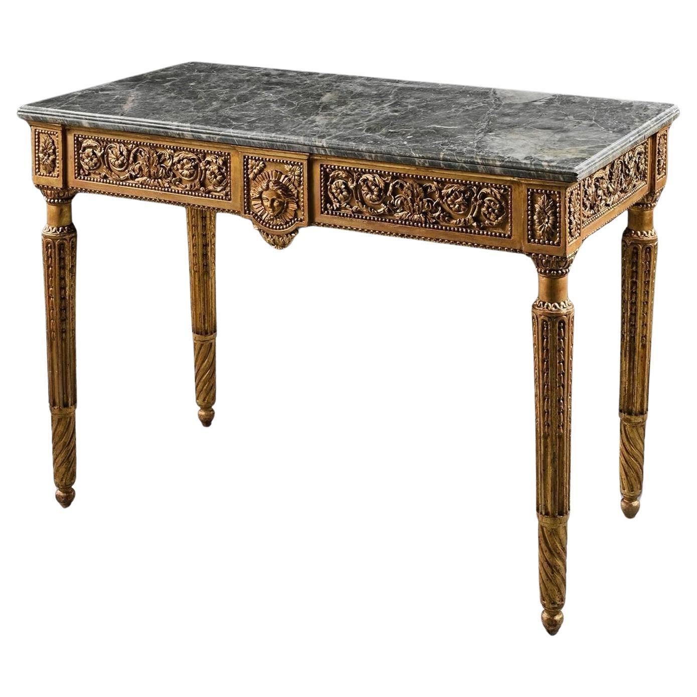 Table console en bois doré sculpté à dessus de marbre, fin du 18e siècle, Italie en vente