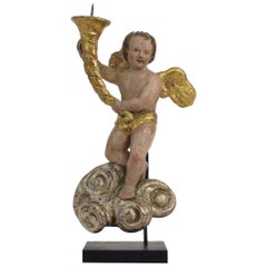 Late 18th Century, Italian Carved Wood Baroque Angel with Candleholder