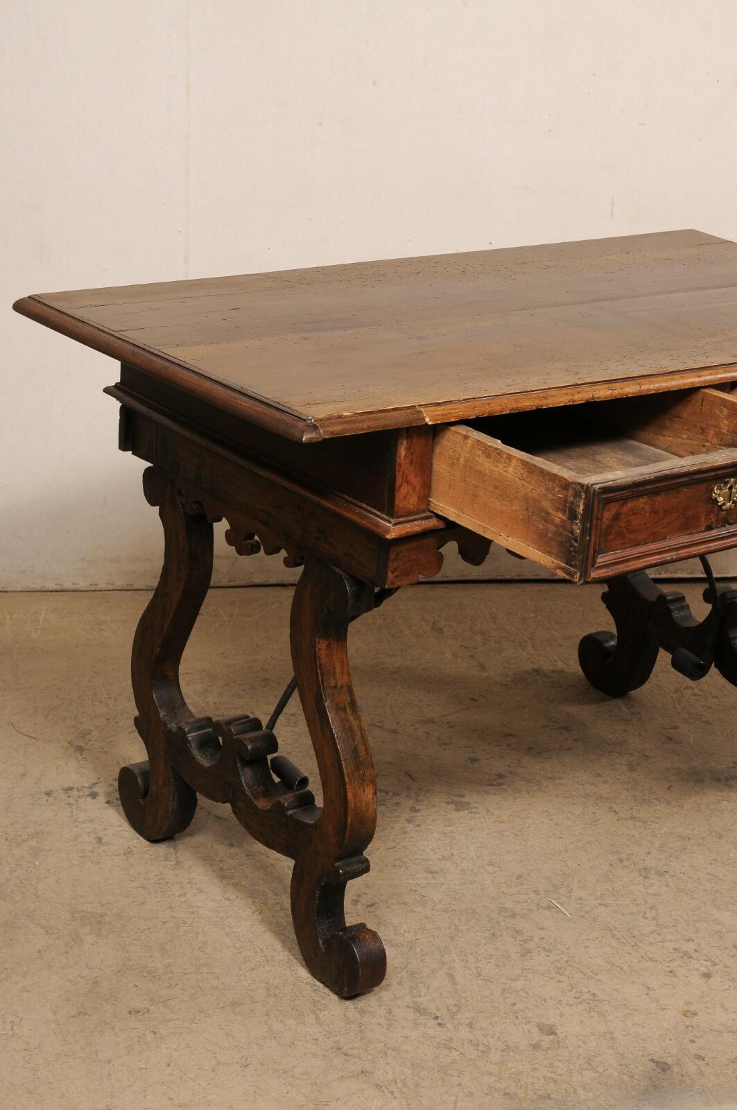 Late 18th Century Italian Fratino Table w/Drawers & Forged Iron Stretcher In Good Condition For Sale In Atlanta, GA