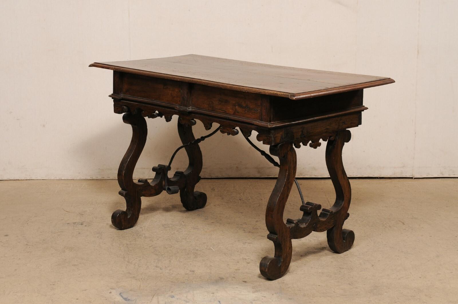 19th Century Late 18th Century Italian Fratino Table w/Drawers & Forged Iron Stretcher For Sale
