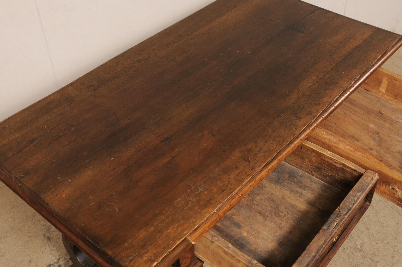 Wood Late 18th Century Italian Fratino Table w/Drawers & Forged Iron Stretcher For Sale