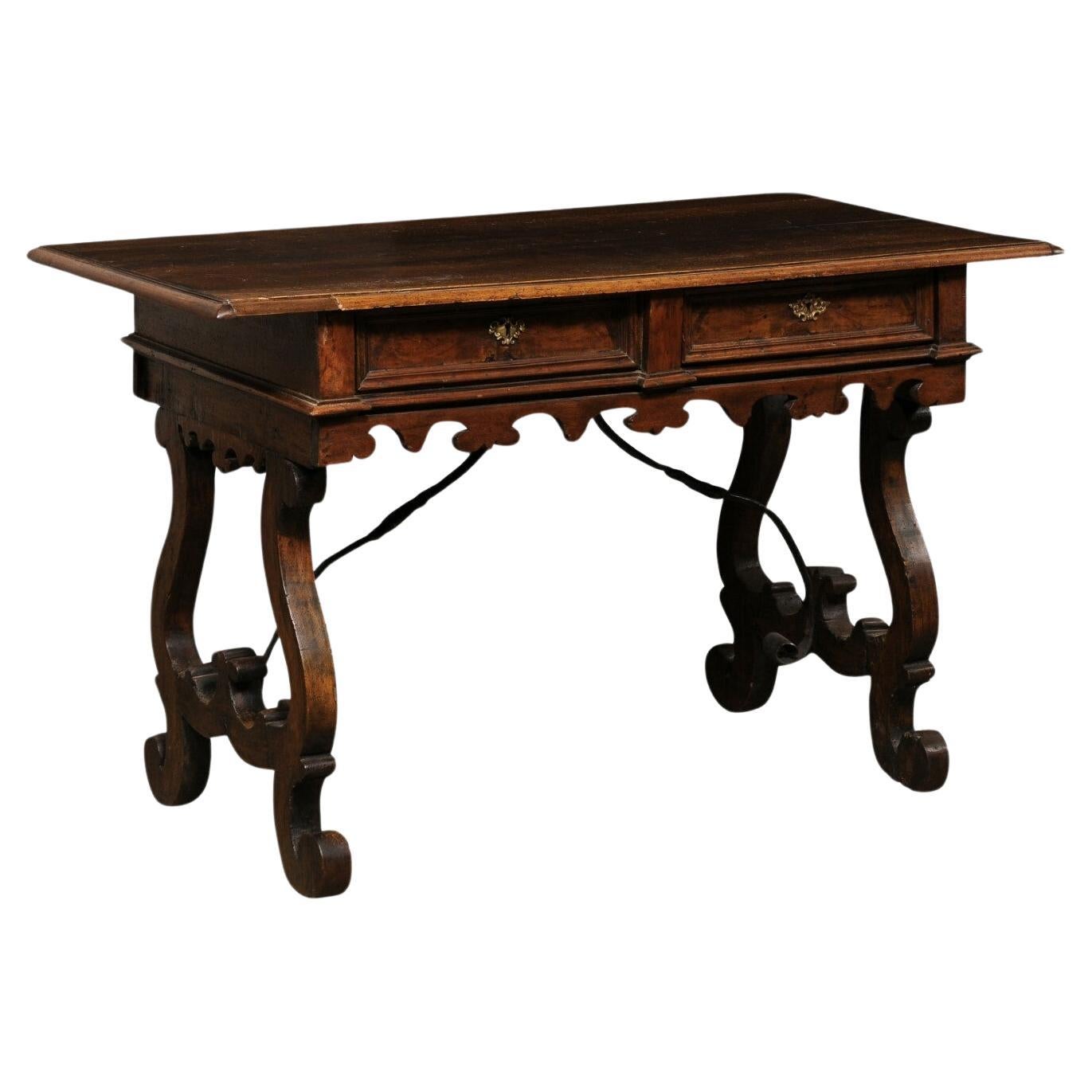 Late 18th Century Italian Fratino Table w/Drawers & Forged Iron Stretcher For Sale