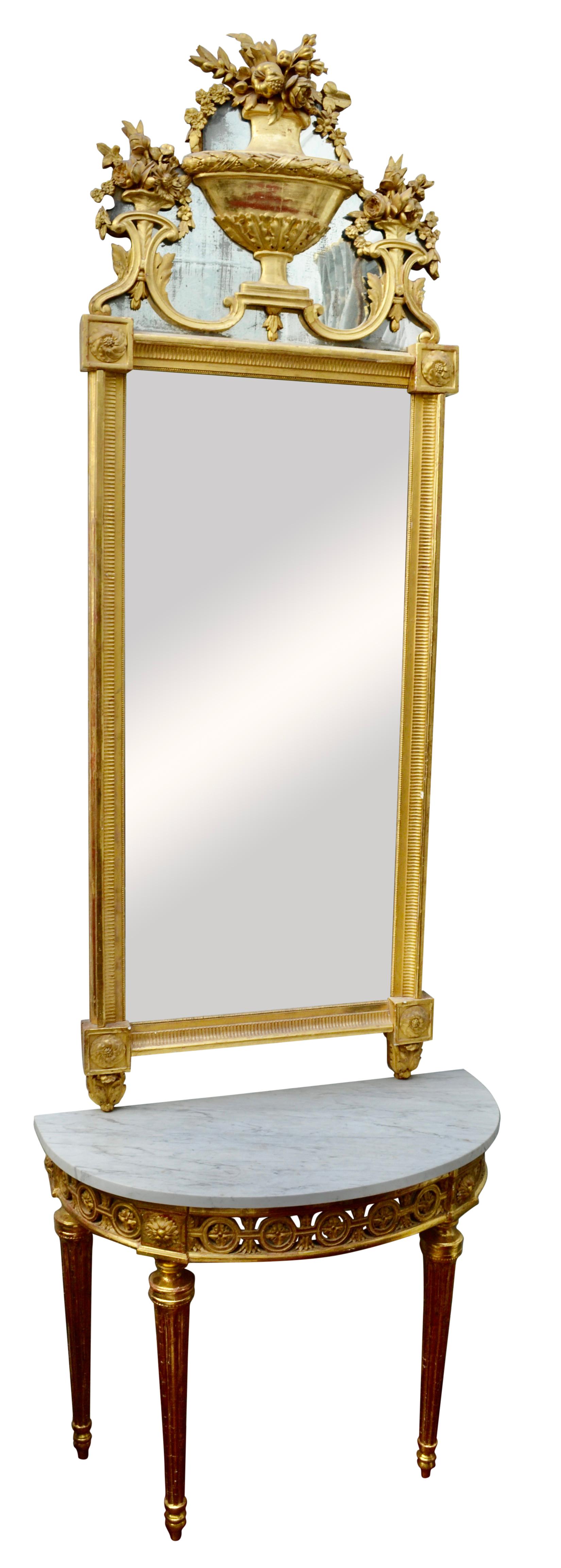 Late 18th Century Italian Giltwood Mirror and Demilune Console For Sale 1