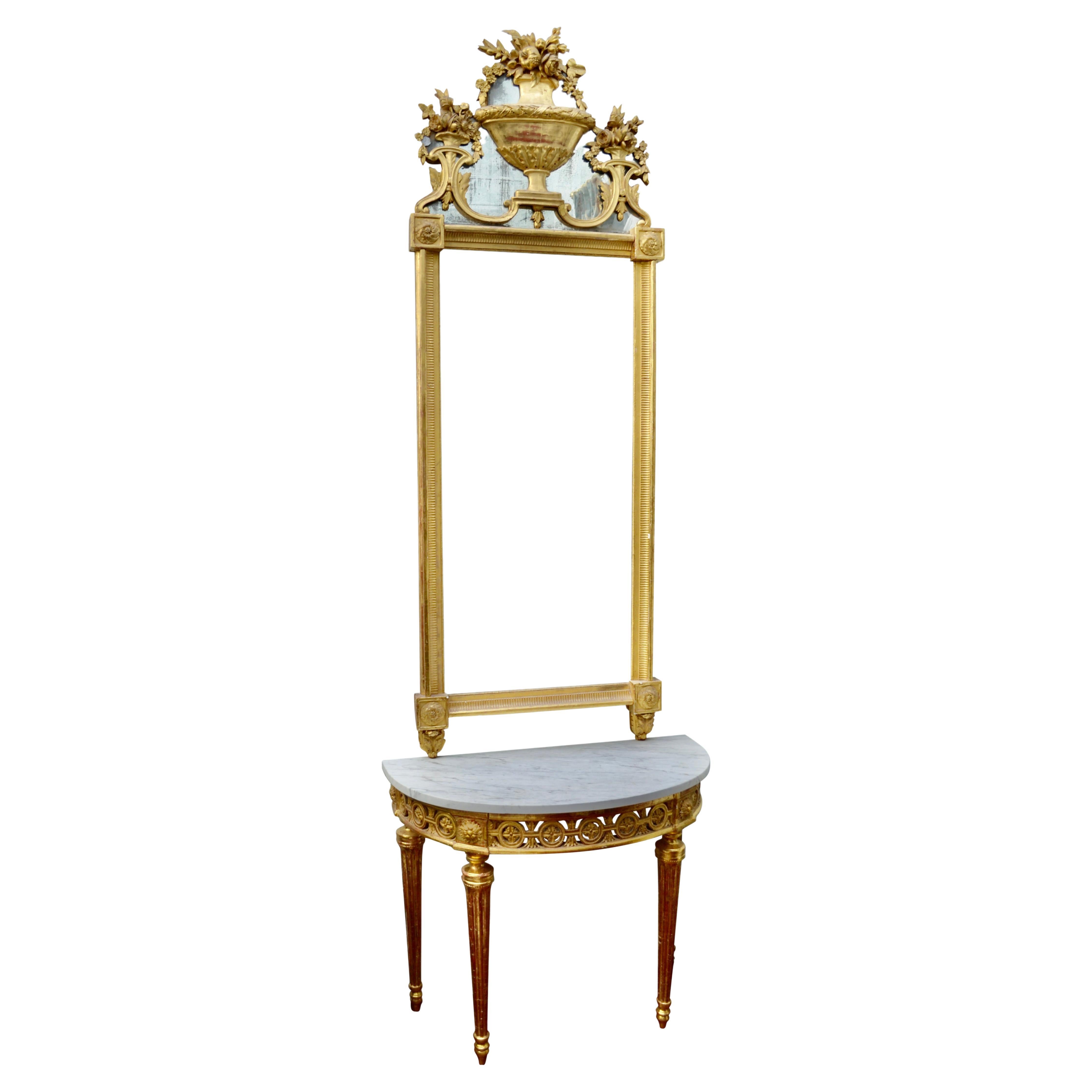 Late 18th Century Italian Giltwood Mirror and Demilune Console