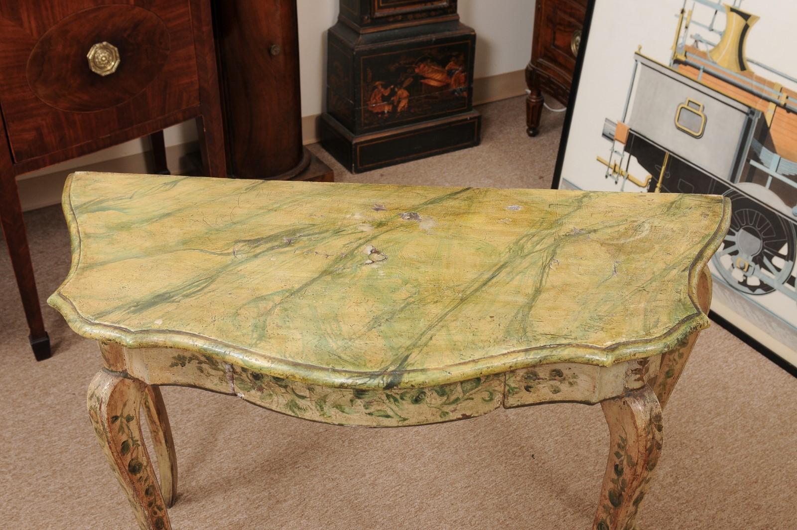 18th Century and Earlier Late 18th Century Italian Green Painted Console Table with Floral Decoration  For Sale