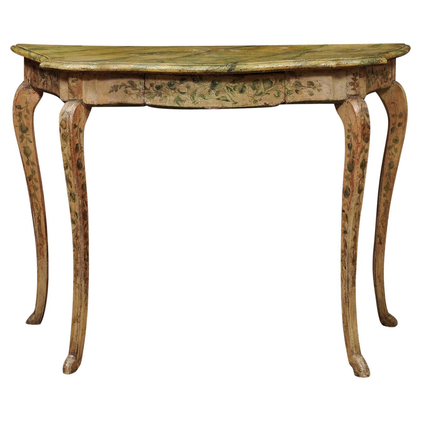 Late 18th Century Italian Green Painted Console Table with Floral Decoration  For Sale