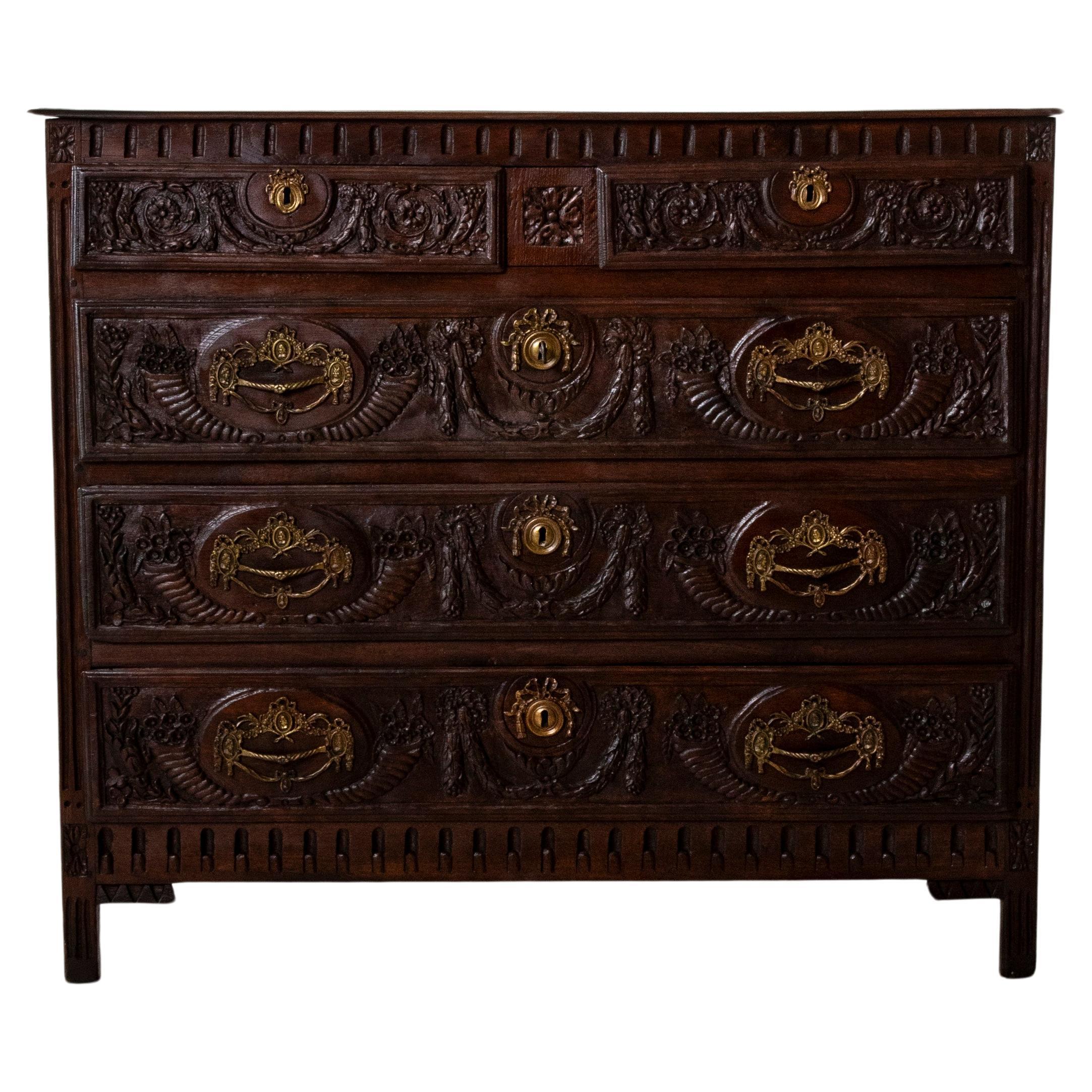 Late 18th Century Italian Hand Carved Oak Chest of Drawers
