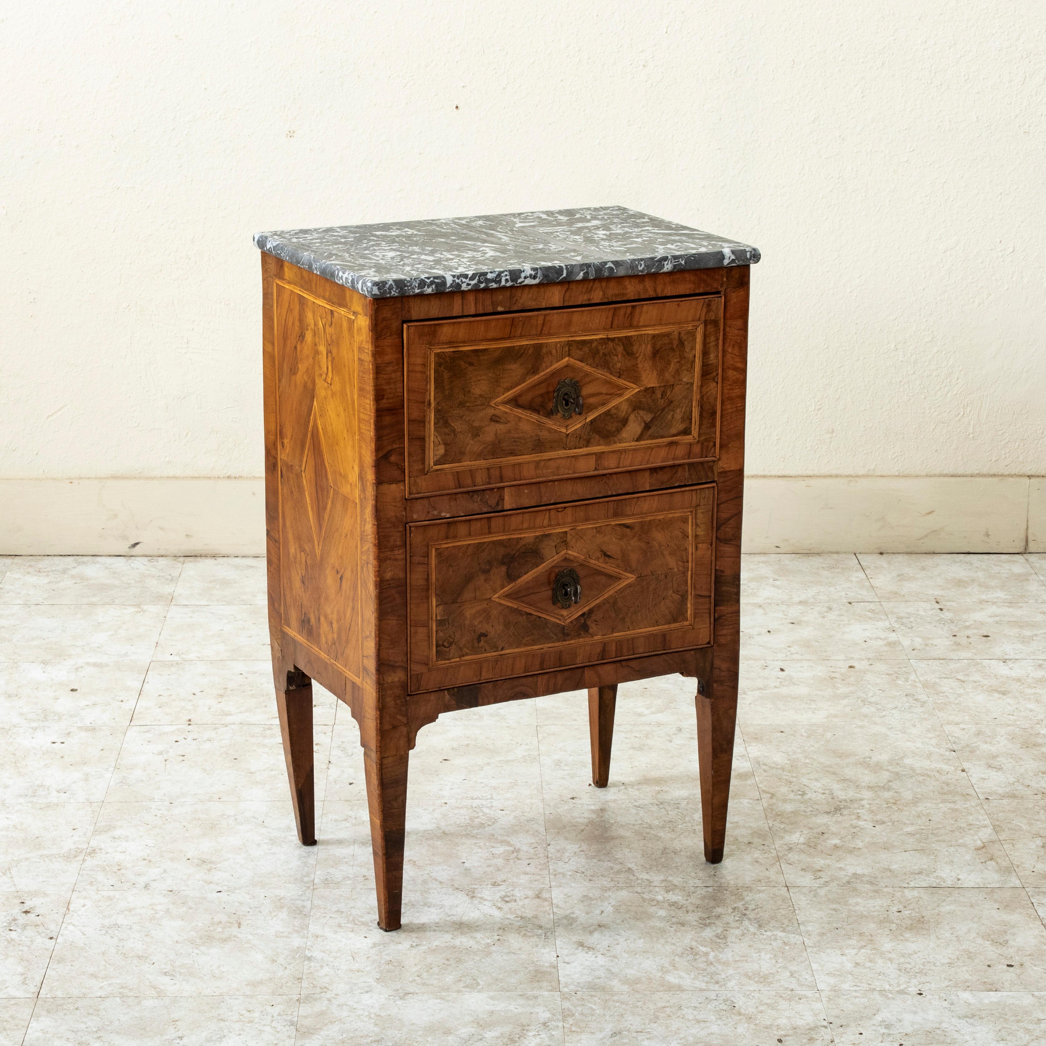 Late 18th Century Italian Marquetry Walnut Chest or Nightstand, Marble Top (Directoire) im Angebot