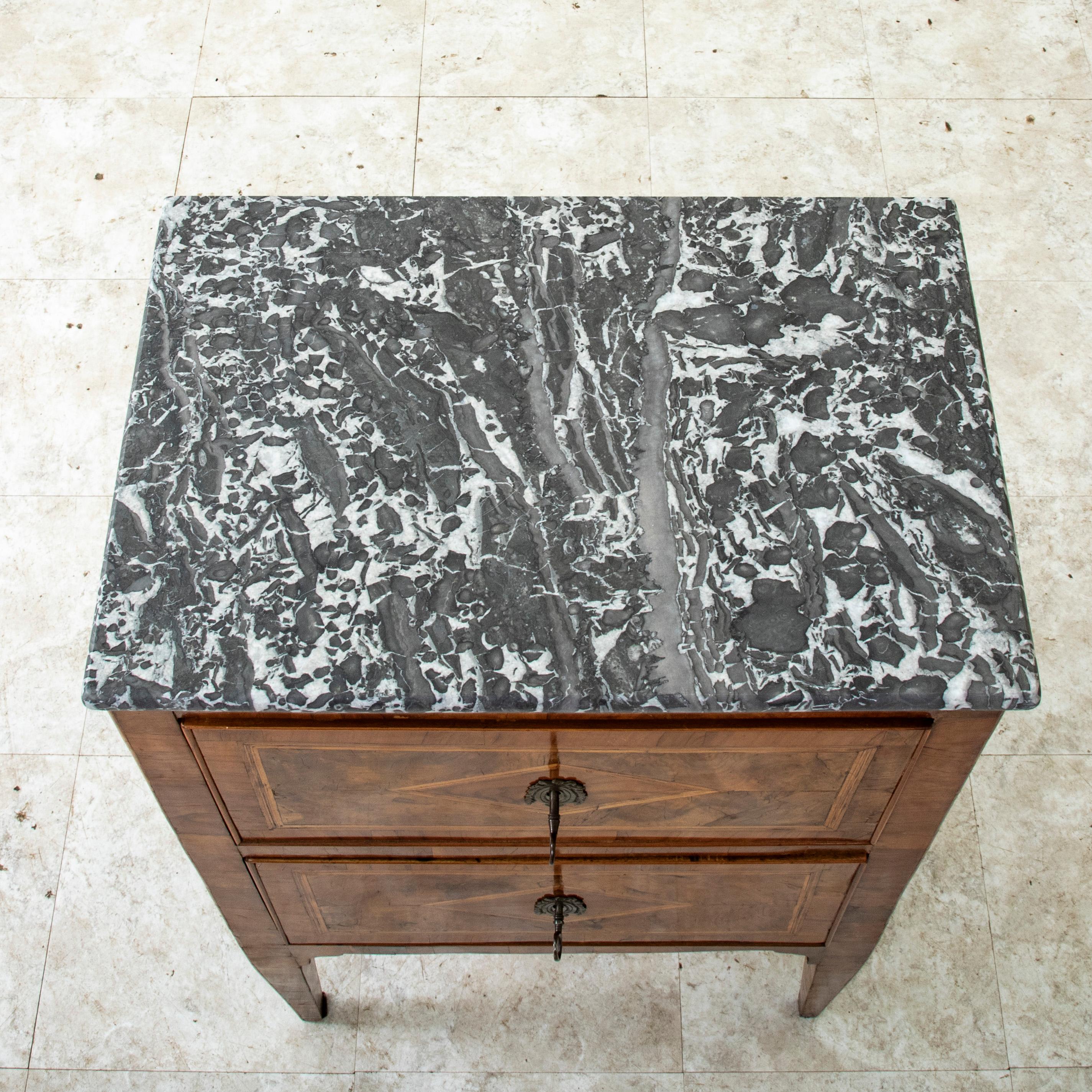 Late 18th Century Italian Marquetry Walnut Chest or Nightstand, Marble Top (Bronze) im Angebot