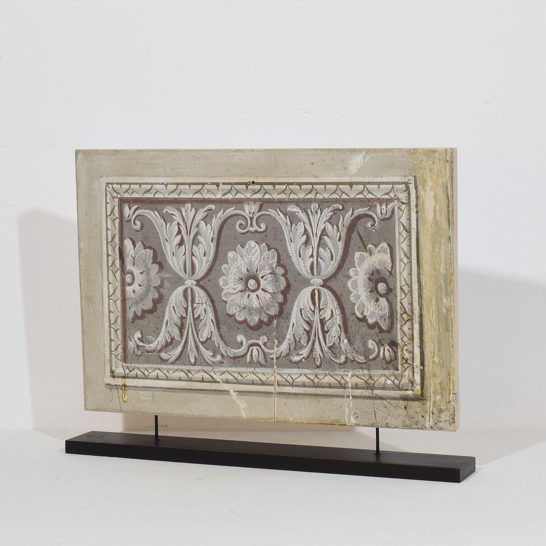Amazing neoclassical hand painted panel in fresco style.
Italy circa 1780
Weathered, small losses.  
Measurements include the wooden base.
H:52,5cm  W:39,5cm D:7cm 