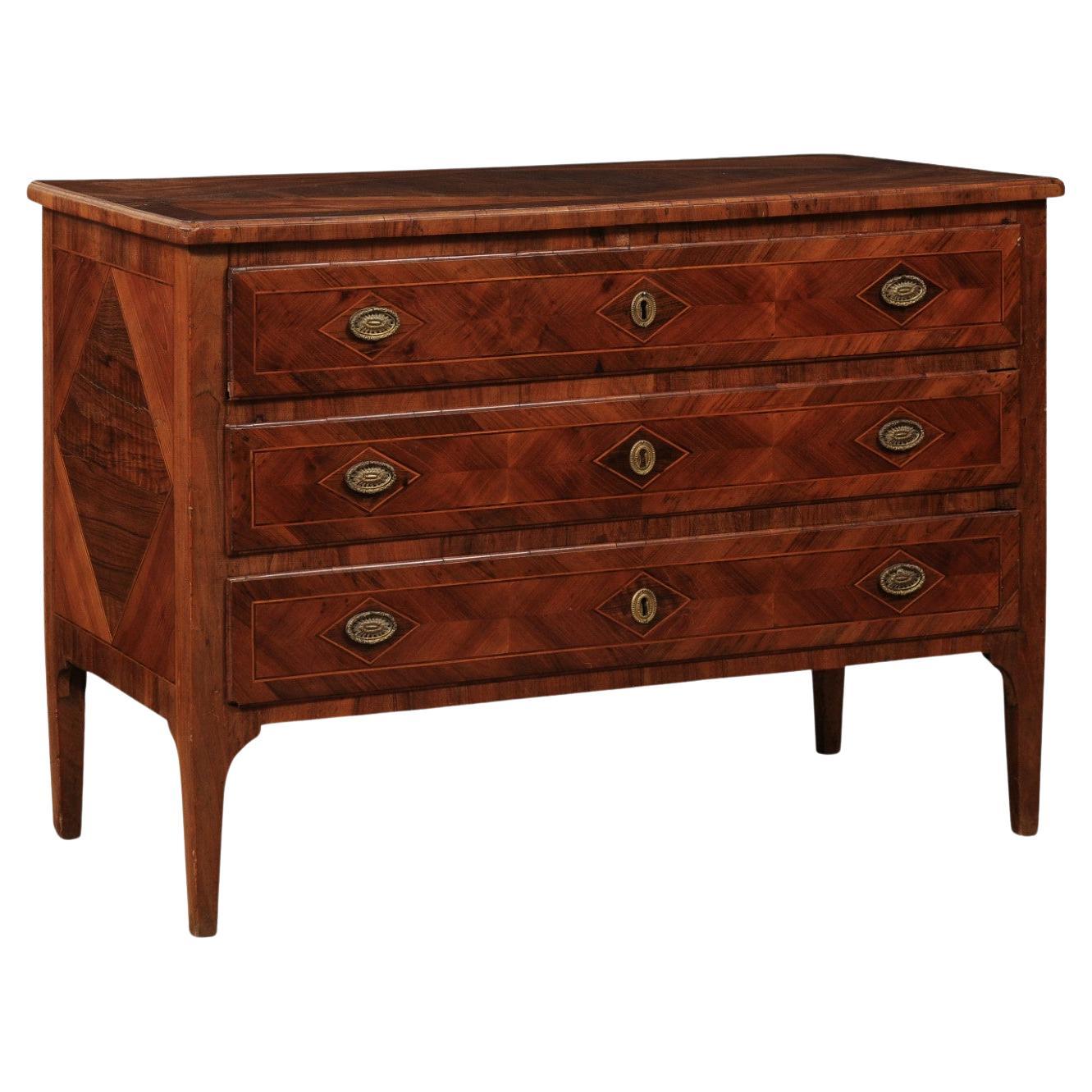 Late 18th Century Italian Neoclassical Parquetry Inlaid Walnut Commode with 3 Dr For Sale