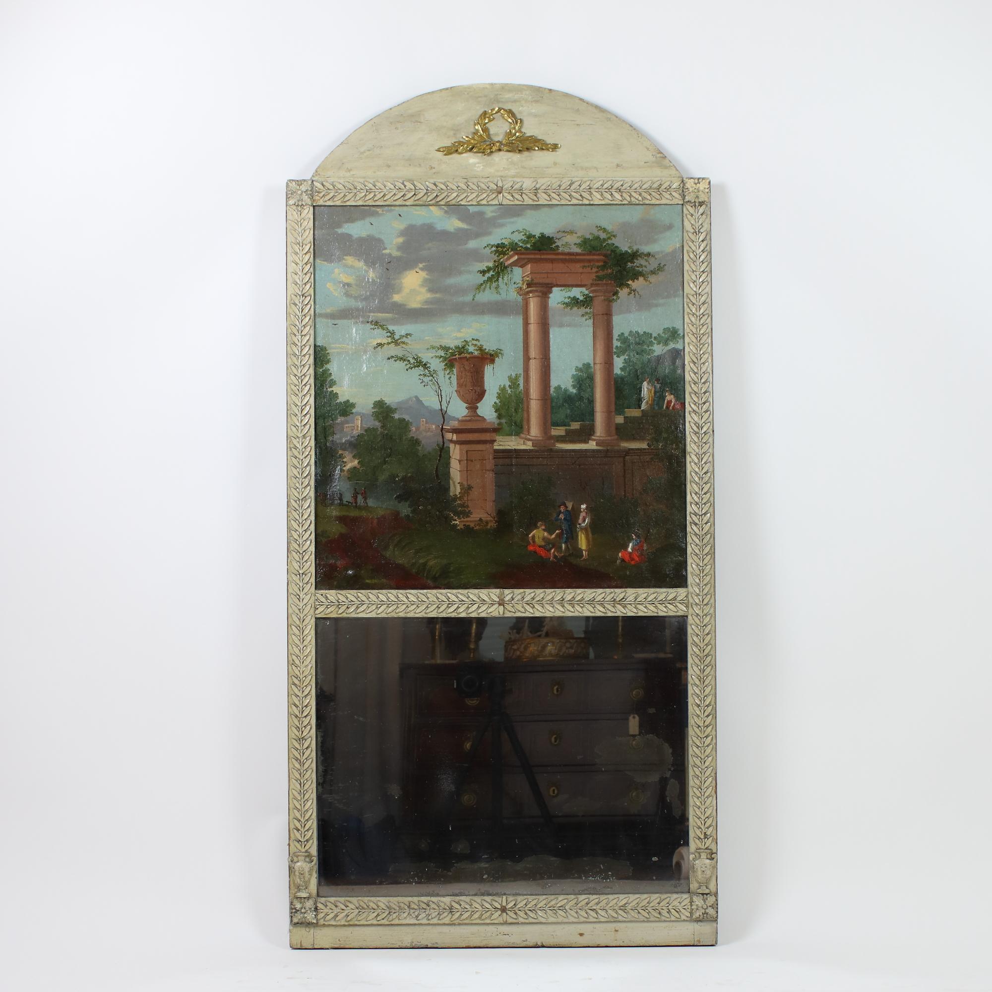 Late 18th century Italian Neoclassical Wall Mirror with 'Capriccio' Painting

Neoclassical trumeau mirror of rectangular shape, the frame ornamented with laurel leaf relief banding issuing from two small neoclassical vases at both sides at the