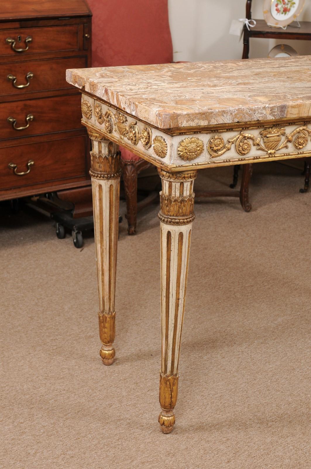 Late 18th Century Italian Painted and Parcel Gilt Neoclassical Console with Veneered Marble Top, ca. 1790