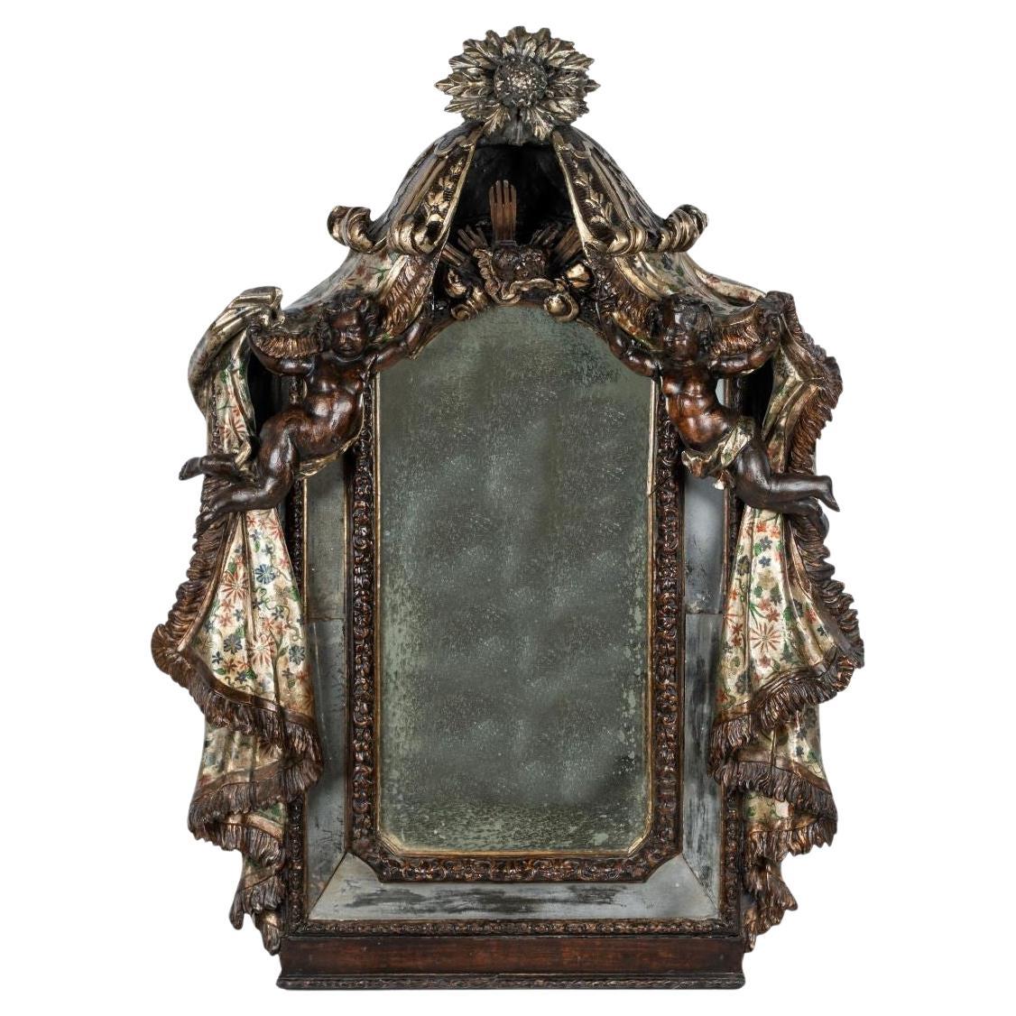 Late 18th Century Italian Venetian Hand Carved Wood Mirror w/ Putti & Drapery For Sale