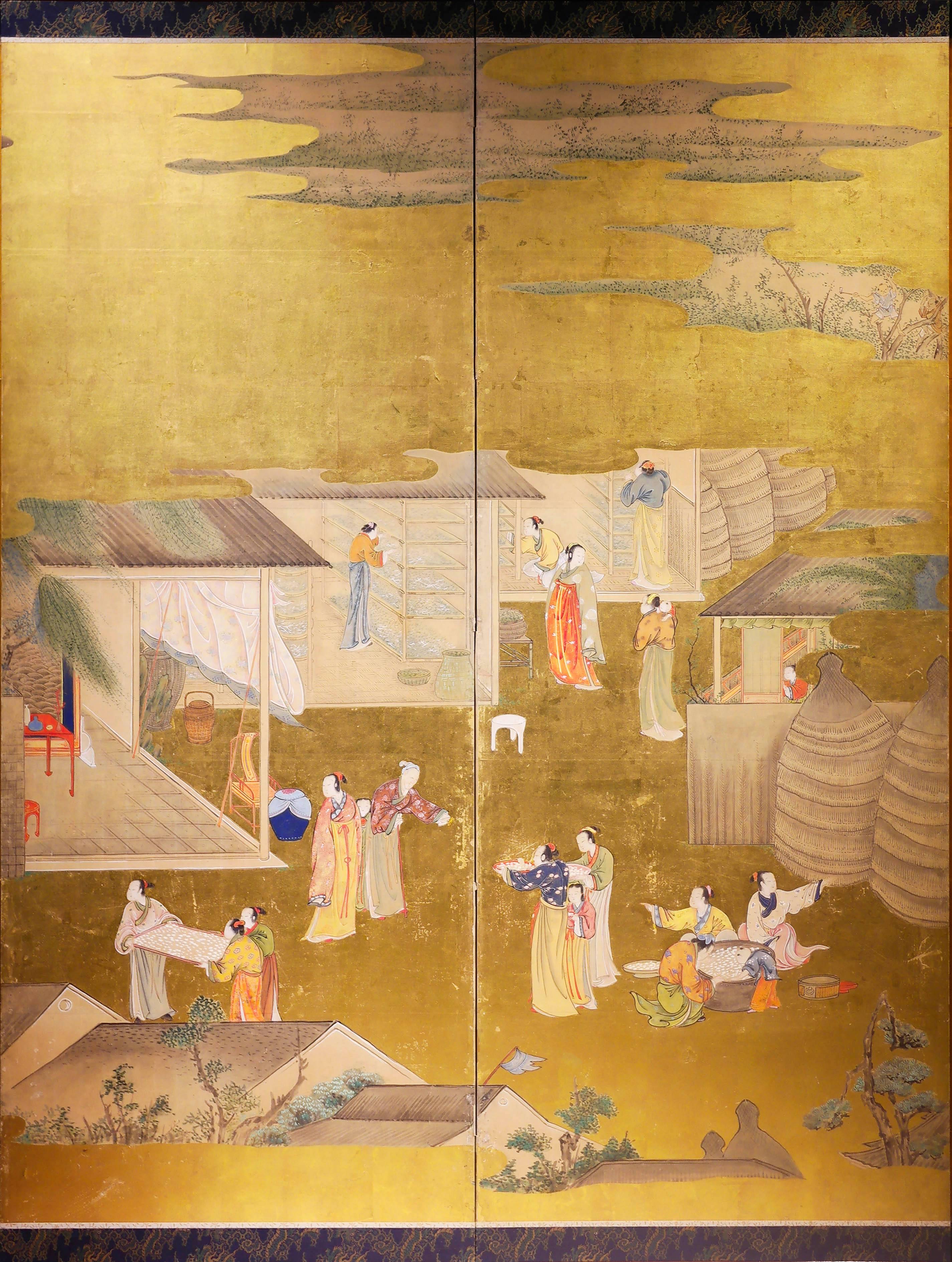 Painted Late 18th Century, Japanese Folding Screen, Picture of Sericulture, Edo Period