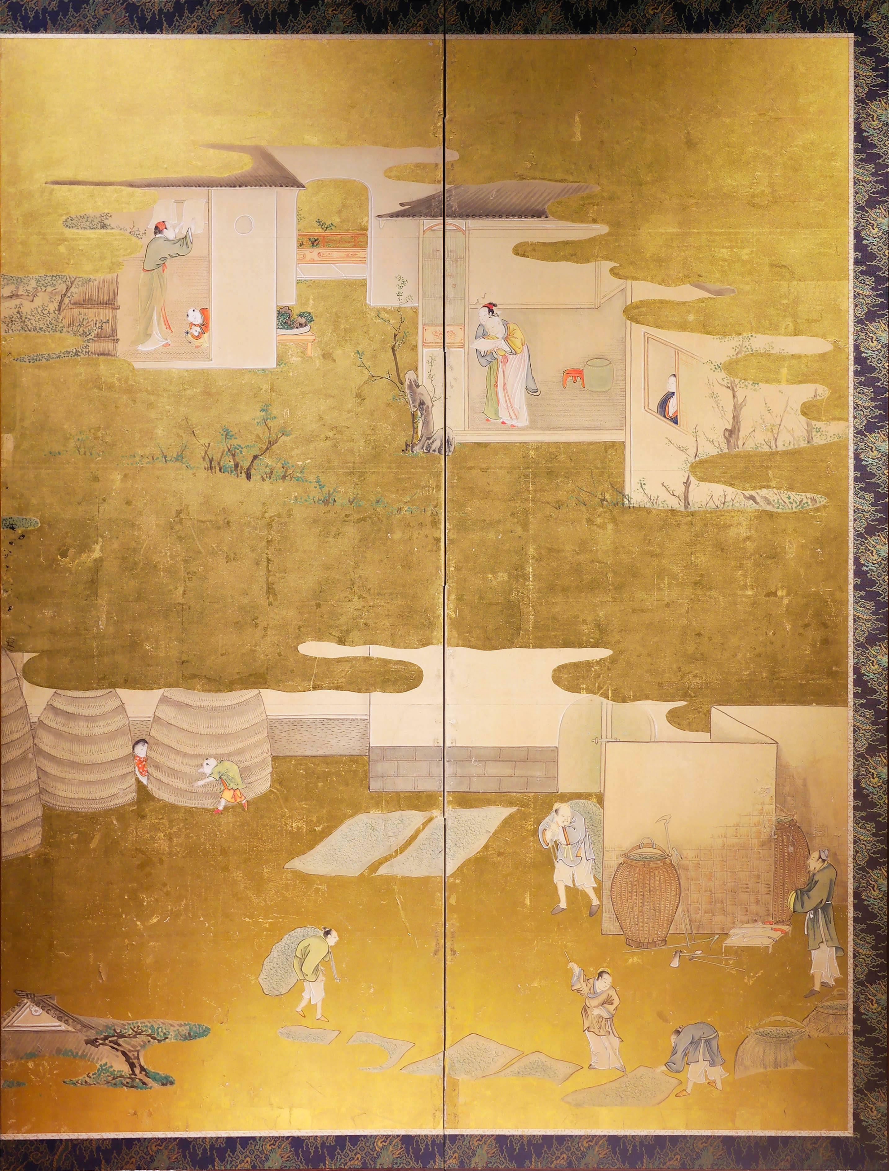 Late 18th Century, Japanese Folding Screen, Picture of Sericulture, Edo Period In Good Condition In Central Hong-Kong, HK