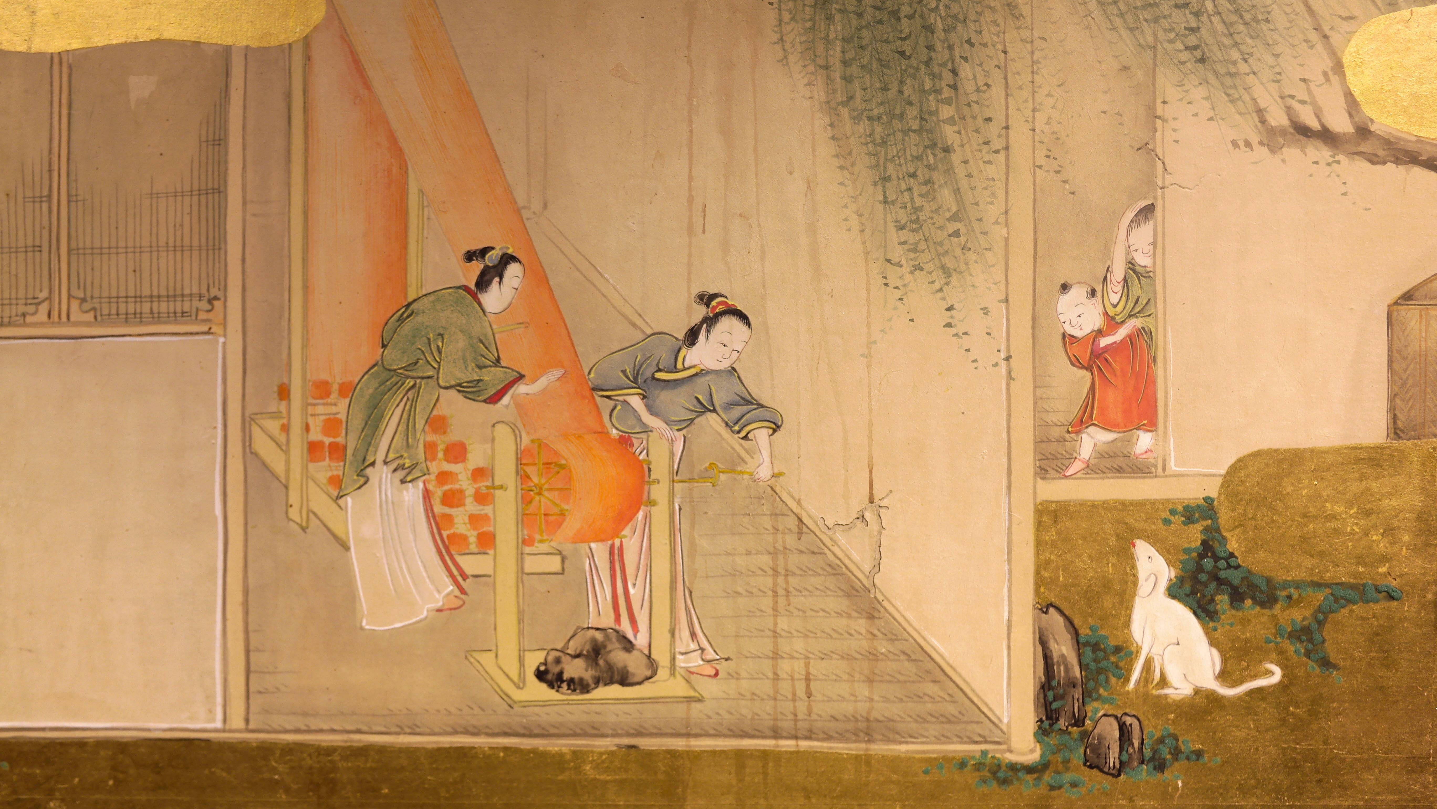 Late 18th Century, Japanese Folding Screen, Picture of Sericulture, Edo Period 1