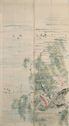 Écran pliant japonais de la fin du 18e siècle avec tapis, période Edo