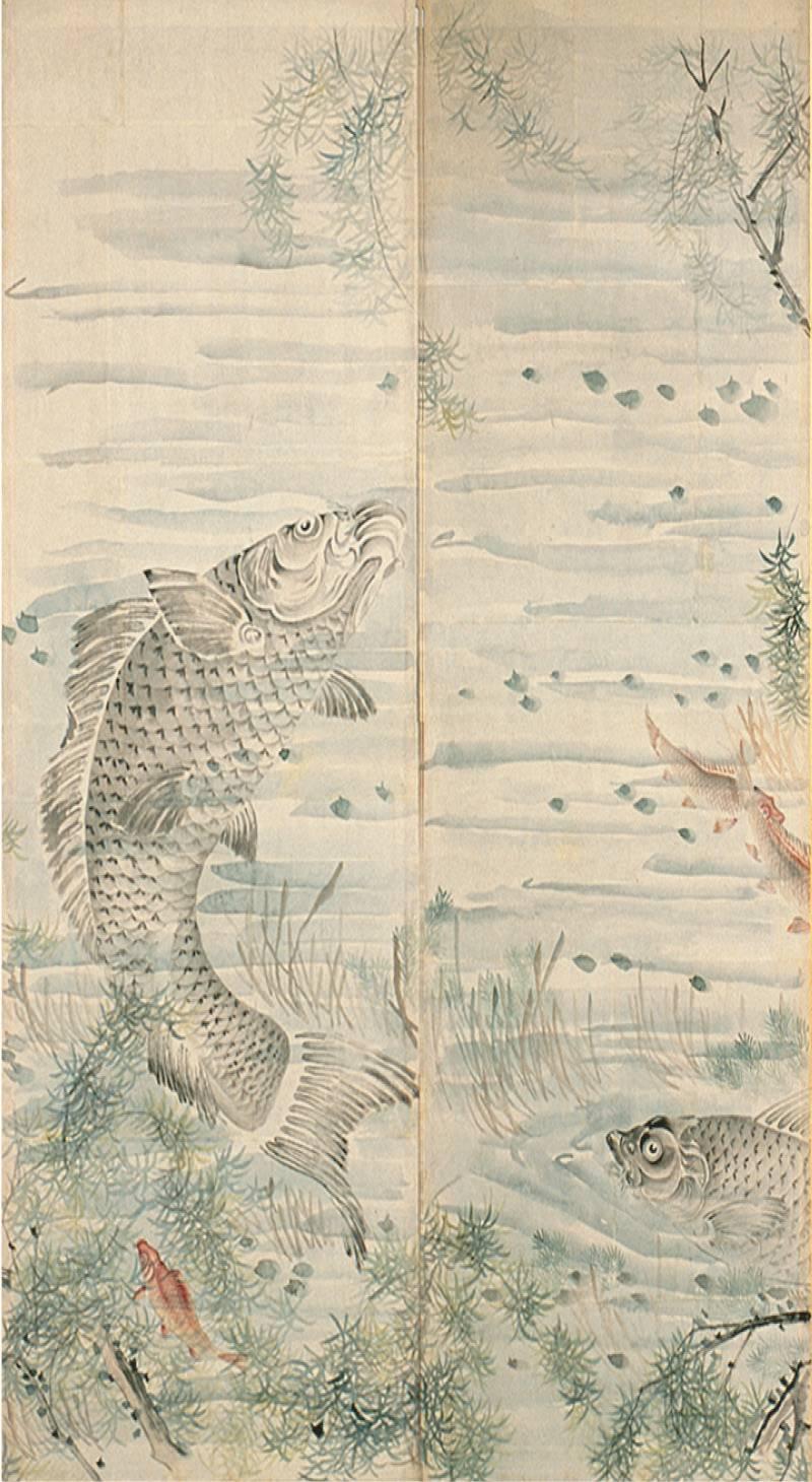 Painted Late 18th Century, Japanese Folding Screen with Carps, Edo Period For Sale