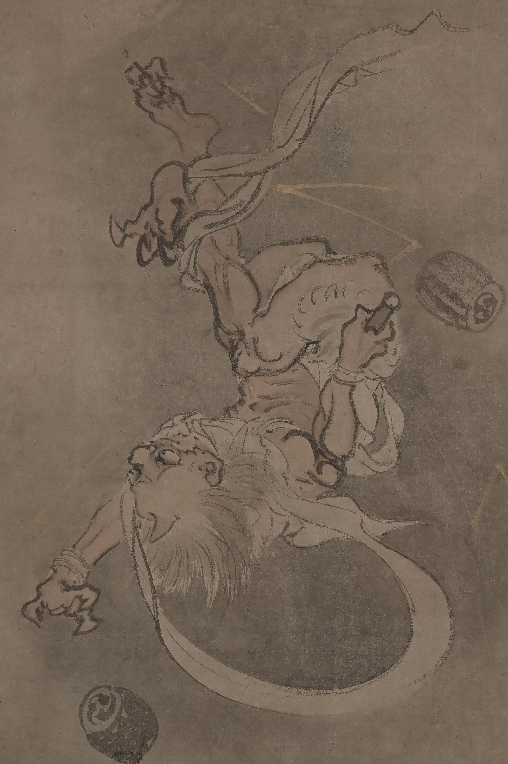 Raijin - God of Thunder

Yamaguchi Soken (1759-1818)

Mid to Late Edo period, circa 1800.

Framed painting. Ink and light color on paper.

This humorous painting depicts the Thunder God, Raijin, tumbling from the sky, presumably being struck
