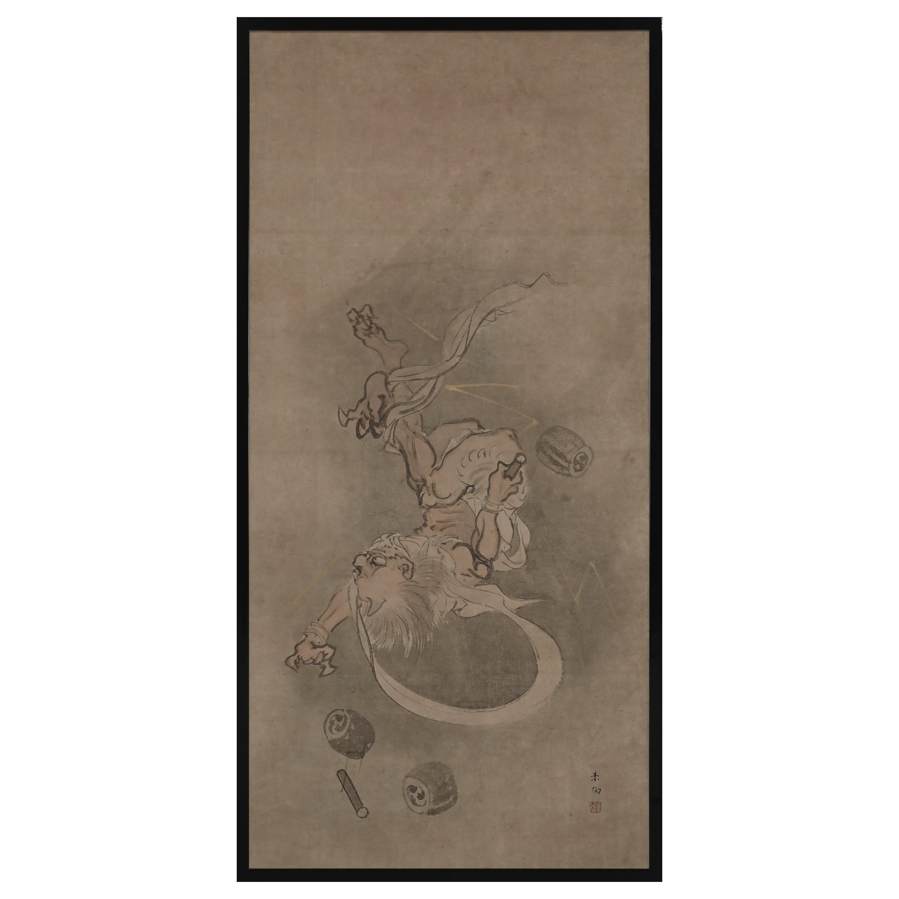 Late 18th Century Japanese Framed Painting, God of Thunder by Yamaguchi Soken