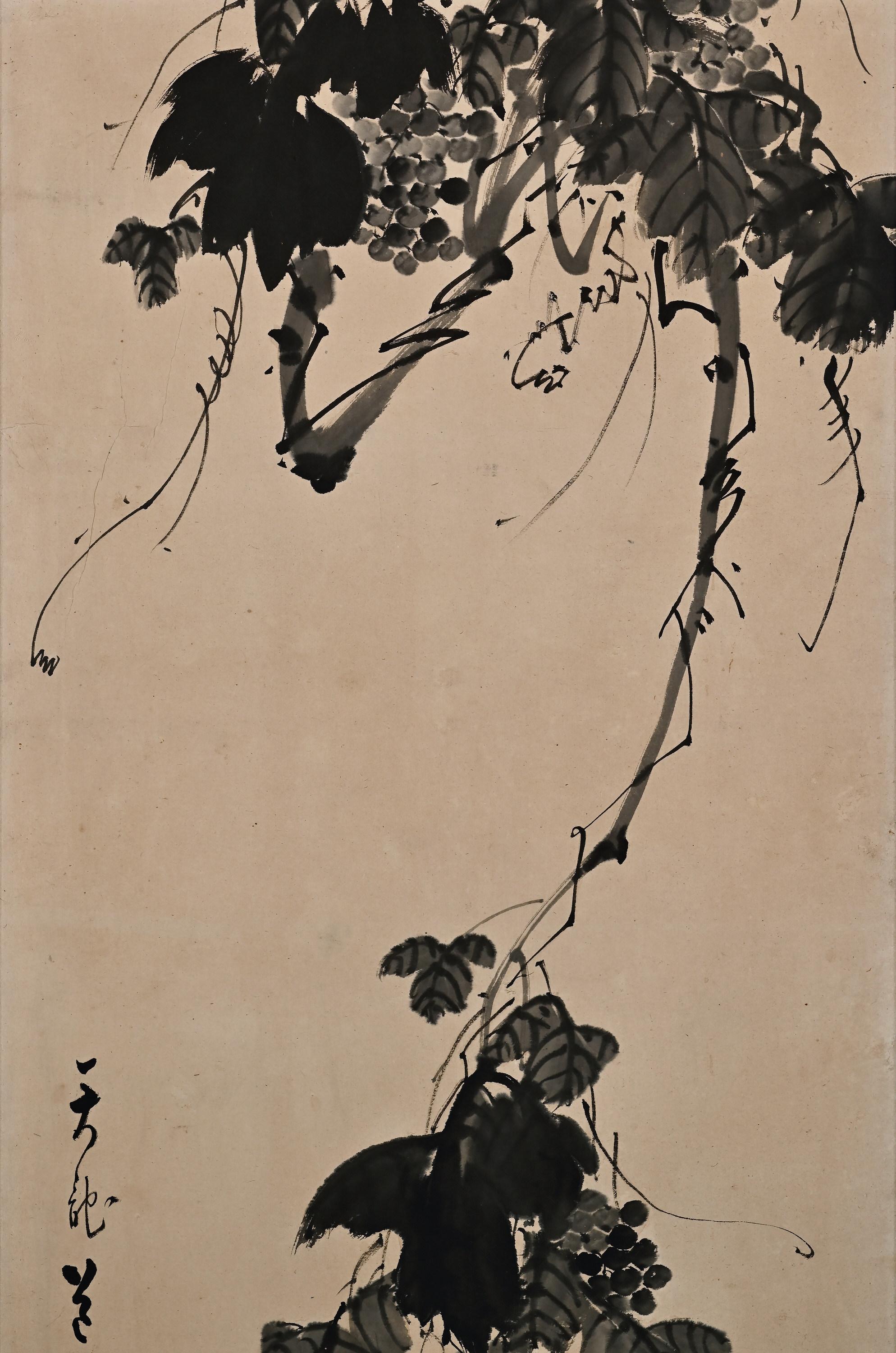 Tenryu Dojin (1718-1810)

Grapevine

Late 18th century

Framed Japanese Painting. Ink on Paper.

A framed Japanese ink painting depicting a grapevine by the well-known 18th century zen monk and artist Tenryu Dojin. Using ink tones ranging