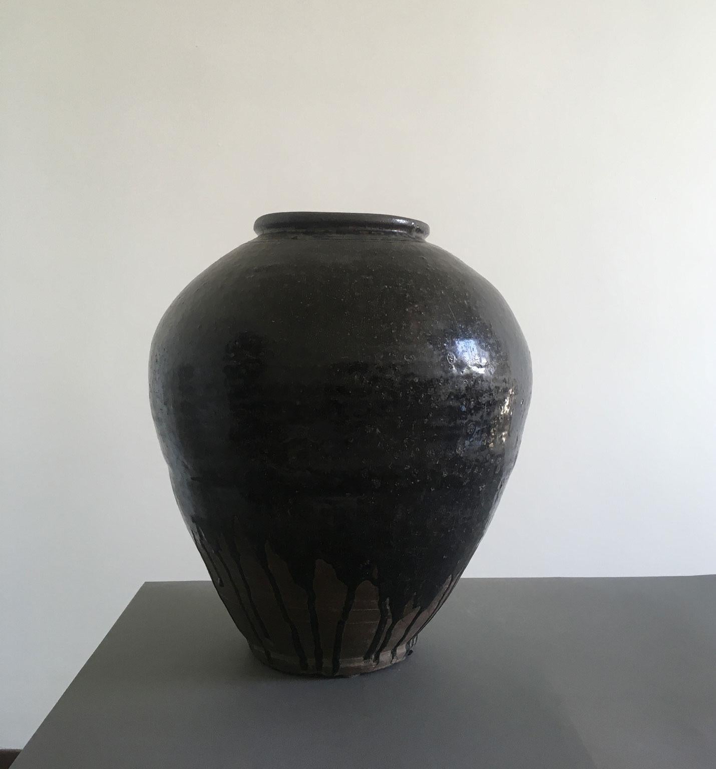 Primitive Late 18th Century Khmer Brown Glazed Terracotta Vase For Sale