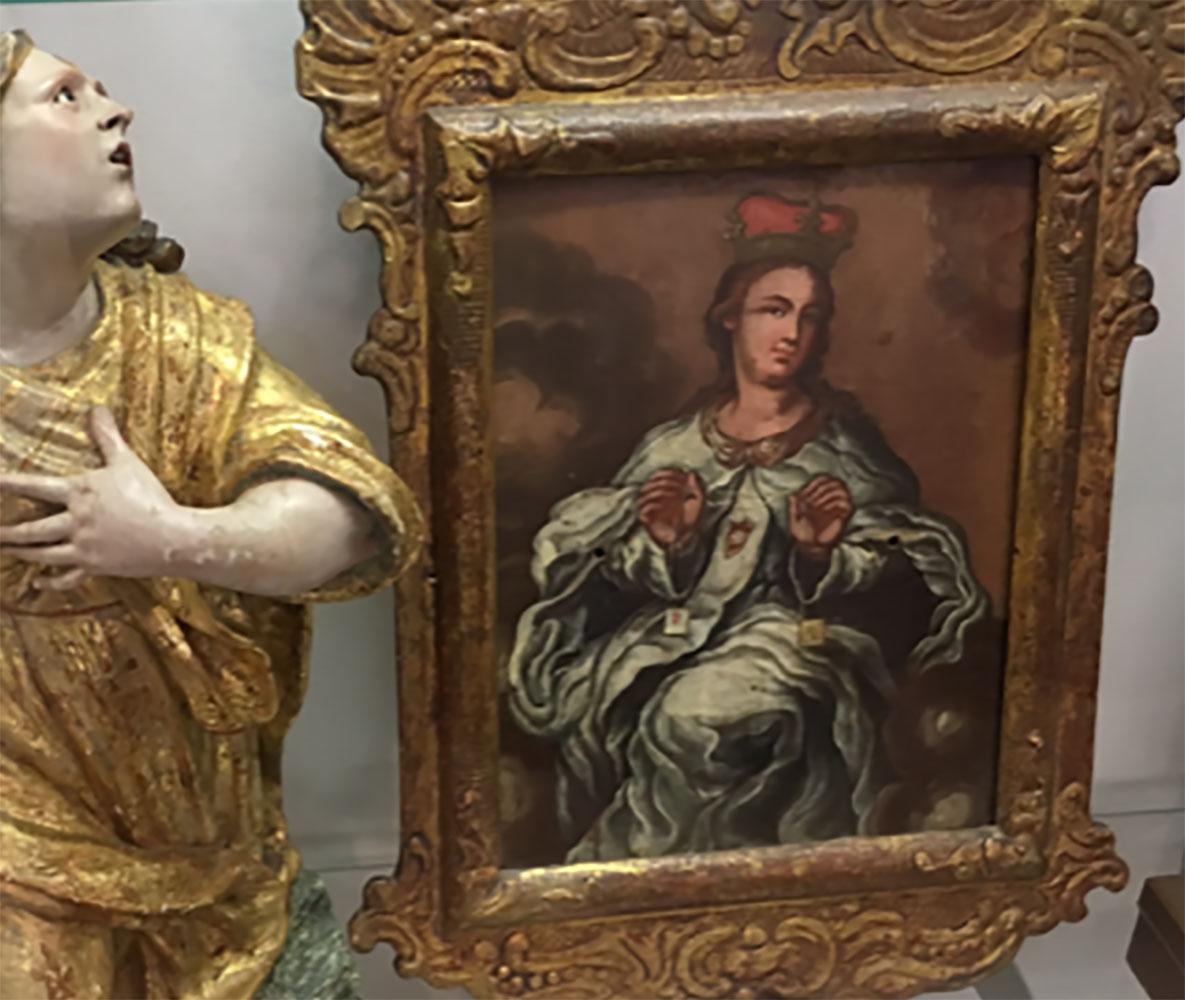 Circa 1780 Virgin of the Scapular, Anon Venezuelan School, a fabulous painting in the original carved wood gilded frame. Something was originally in the small square holes on either side of the hands. 

Provenance, from a collection of painting of
