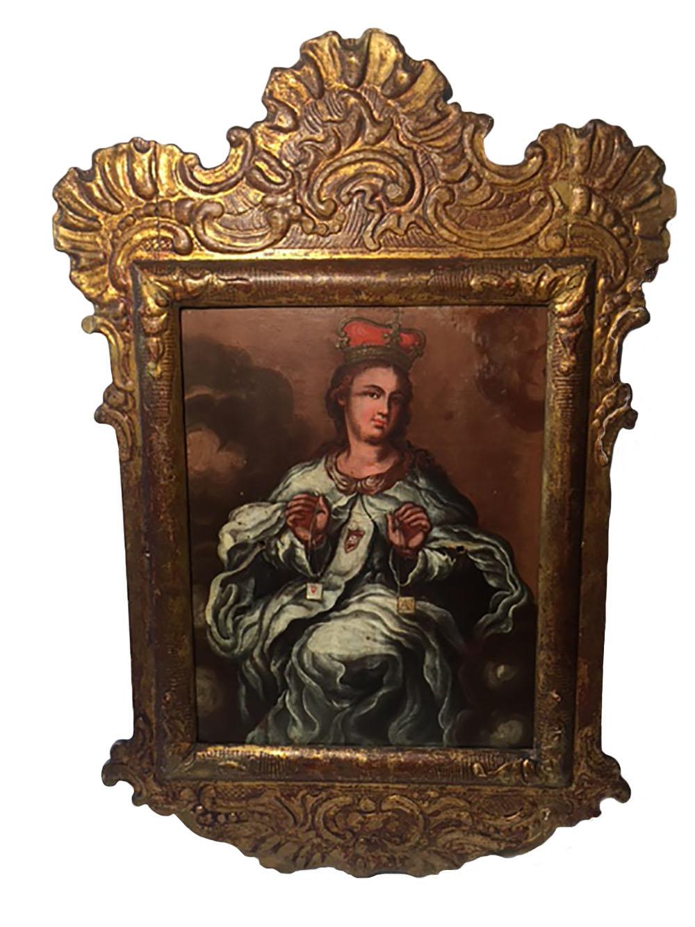 Venezuelan Late 18th Century Lady Saint with Crown Oil Painting on Board, Framed For Sale