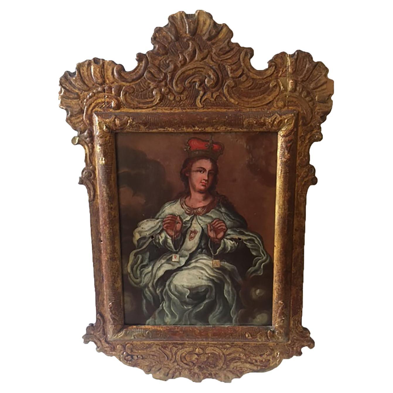 Late 18th Century Lady Saint with Crown Oil Painting on Board, Framed For Sale