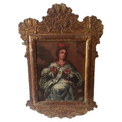 Late 18th Century Lady Saint with Crown Oil Painting on Board, Framed