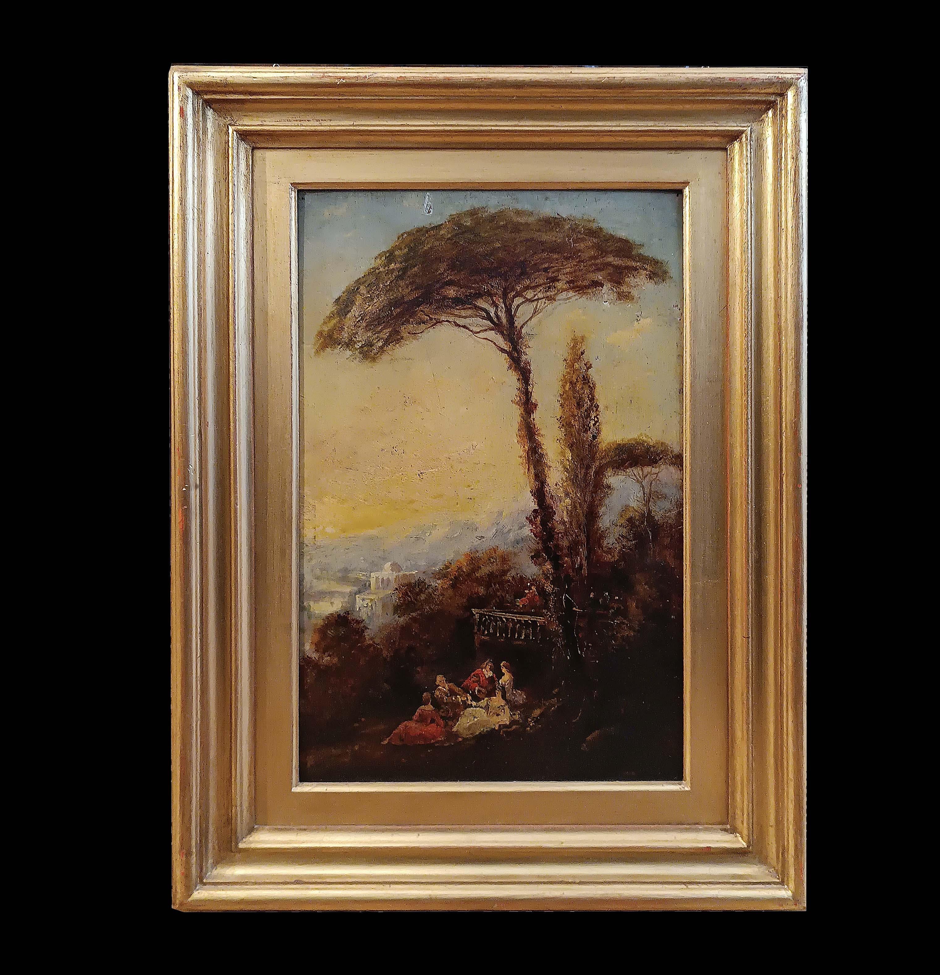 Charming oil painting on wooden panel, elegantly framed in a carved and gilded wooden frame. The work depicts a landscape at sunset, with a city looming in the distance. In the foreground, a group of characters is in a circle, accompanied by a