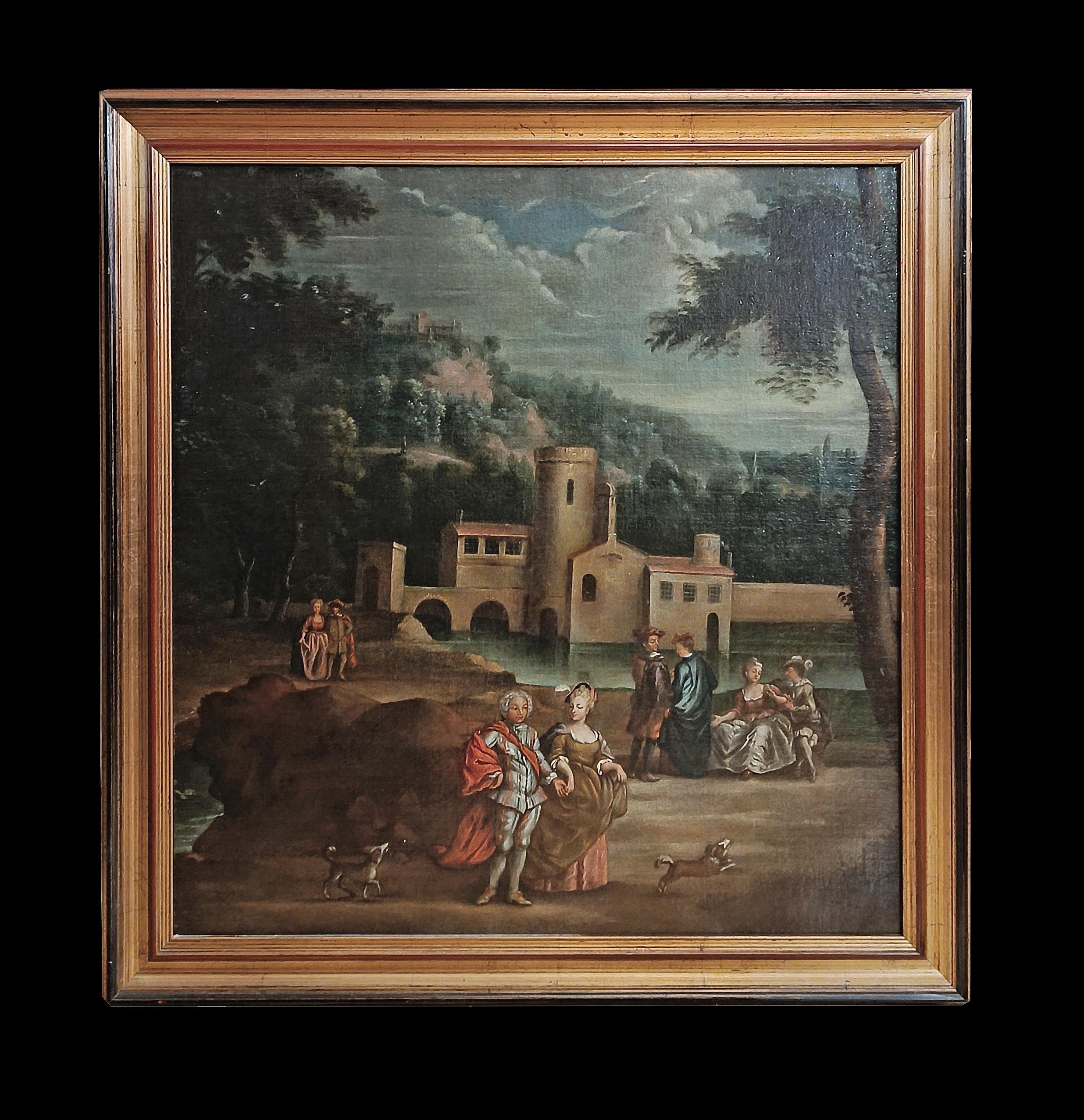 A refined oil painting on canvas, framed in gilded and ebonized carved wood. The painting depicts a hilly landscape with a forest, within which we can glimpse architecture and figures. At the center is a mill, surrounded by water, with trees and